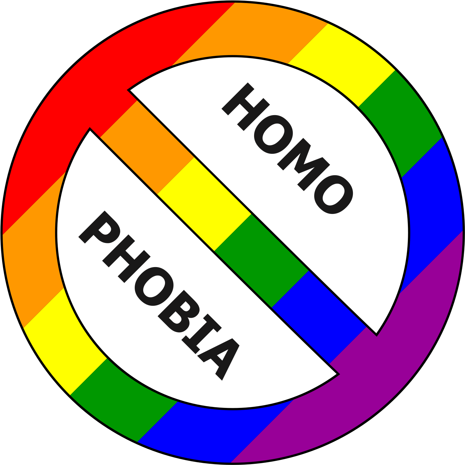 男同志 桌布 壁紙 — 一個彩虹色輪被一個黑色圓圈穿過，上面有「HOMOPHOBIA」一詞對角線分割。