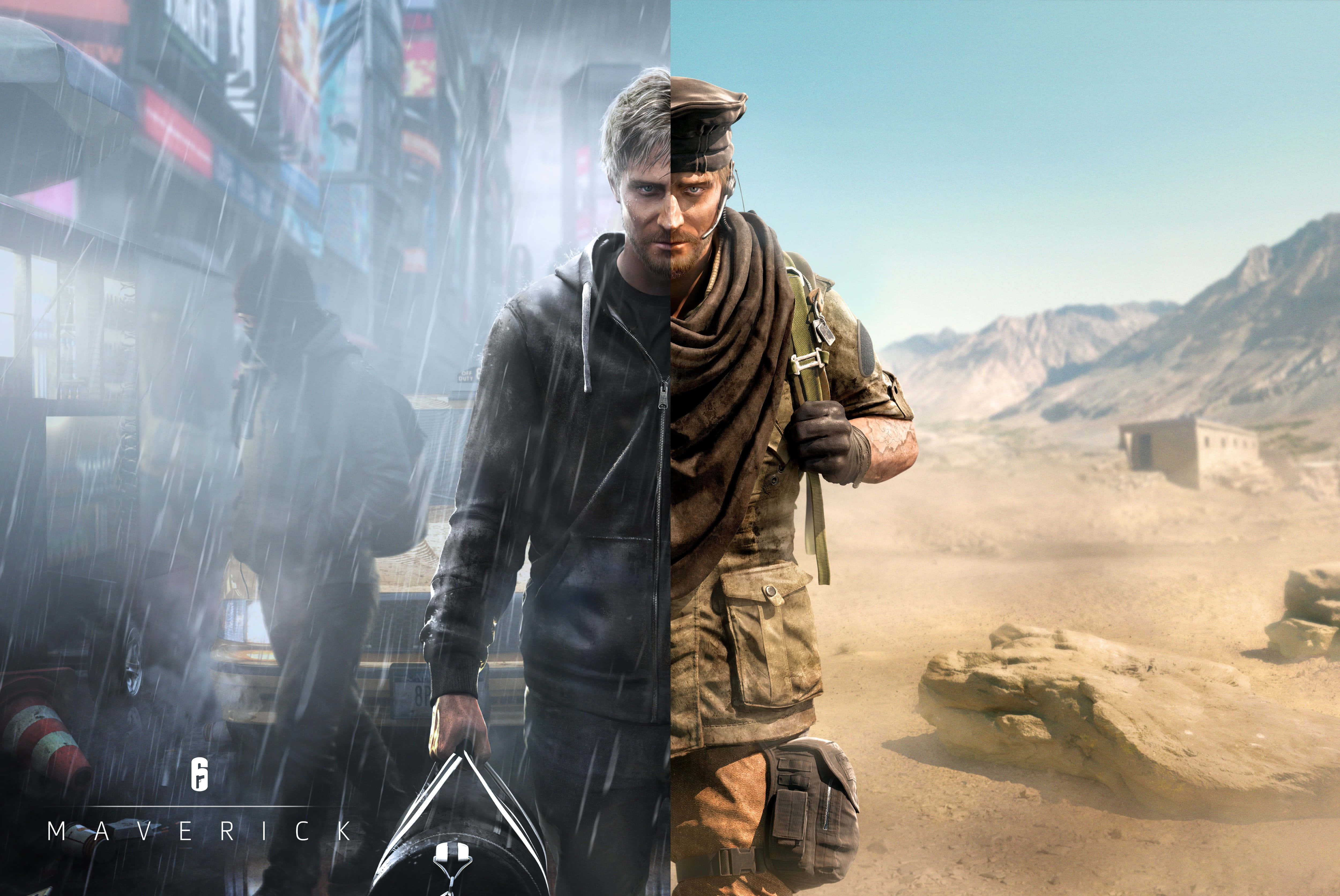 Rainbow Six Siege Maverick 桌布 壁紙 — 一個從中間分裂的男人在明亮的天空下走過對比鮮明的城市雨水和沙漠荒地。