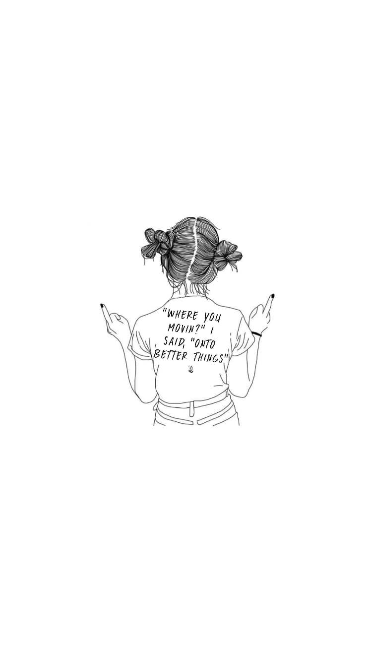 美學藝術 桌布 壁紙 — 一個從後面看的極簡線條人物，有雙丸子頭，穿著印有 'WHERE YOU MOVIN? I SAID ONTO BETTER THINGS' 的T恤，並向前指。