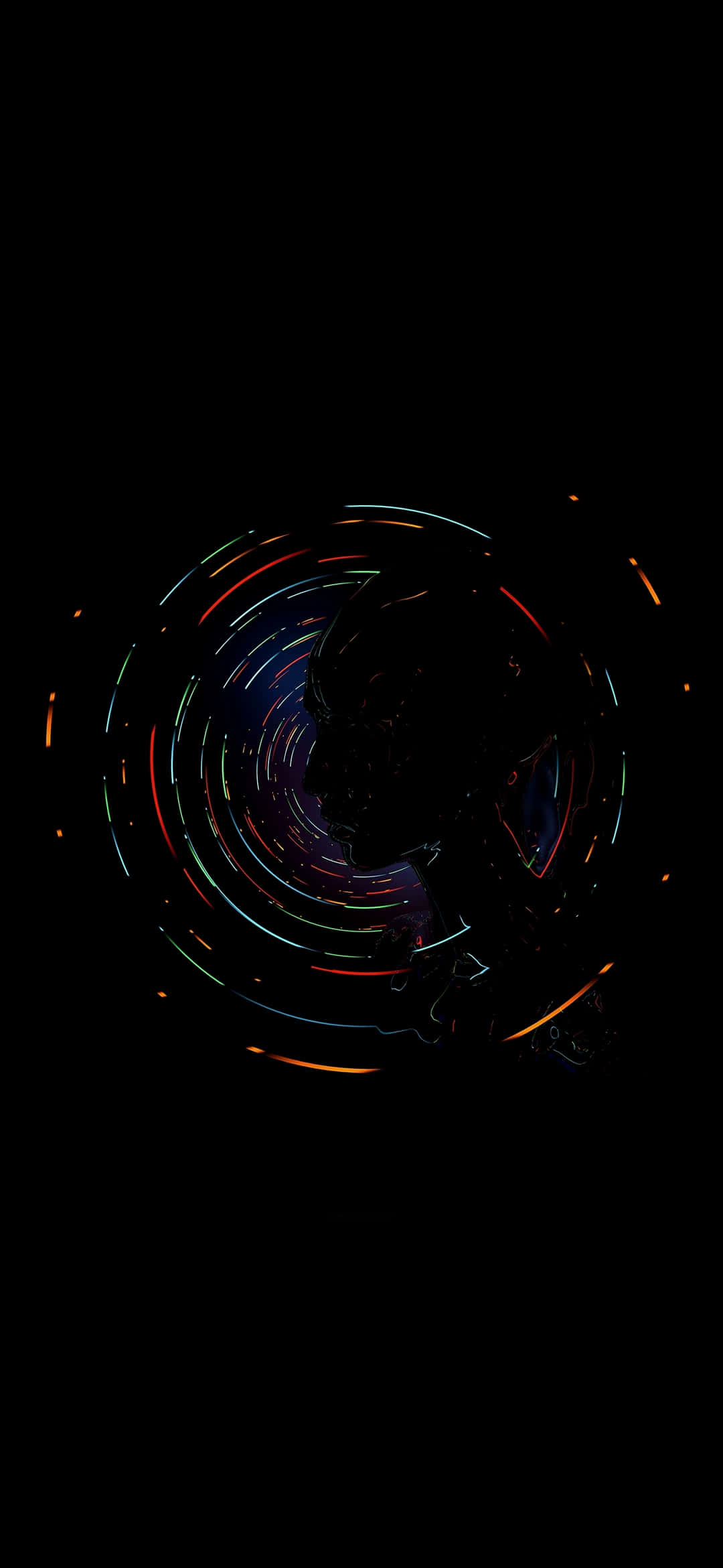 AMOLED 桌布 壁紙 — 一個從背後看到的人物剪影，在黑色背景上被旋轉的彩色光軌包圍。