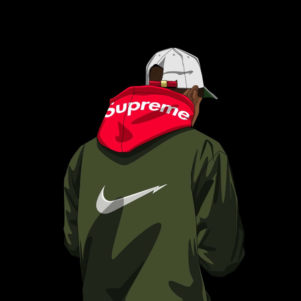潮流玩家 桌布 壁紙 — 一個從背後看到的風格化人物，穿著綠色Nike外套、紅色Supreme連帽衫和白色帽子，背景為黑色。