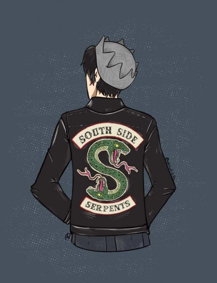 Southside Serpents 桌布 壁紙 — 一個從背後看到的風格化動漫角色，穿著一件黑色外套，上面有一個綠色的蛇形徽章，寫著 South Side Serpents，背景是紋理灰色。
