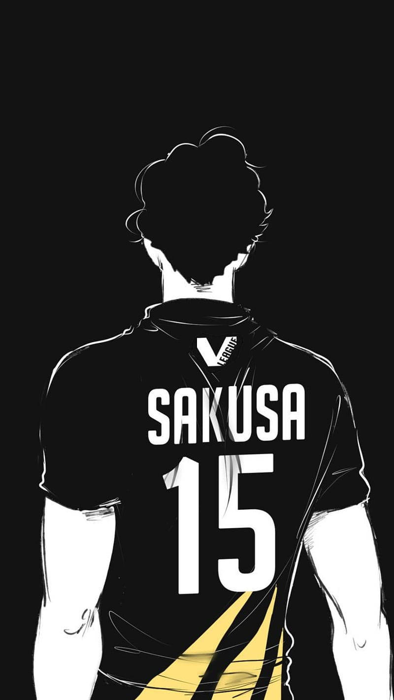 穿著黑色球衣、帶有名字 Sakusa 和號碼 15 的動漫運動員，從背後看到。 — 動漫男孩暗黑 壁紙