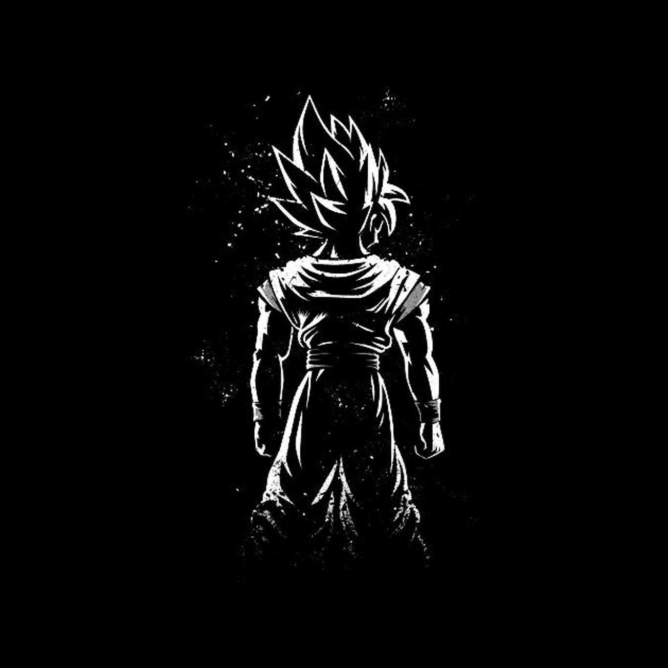 Monochrome 桌布 壁紙 — 一個從背後觀看的刺蝟頭動漫戰士的鮮明白色剪影，背景為黑色，帶有微妙的粒子效果。