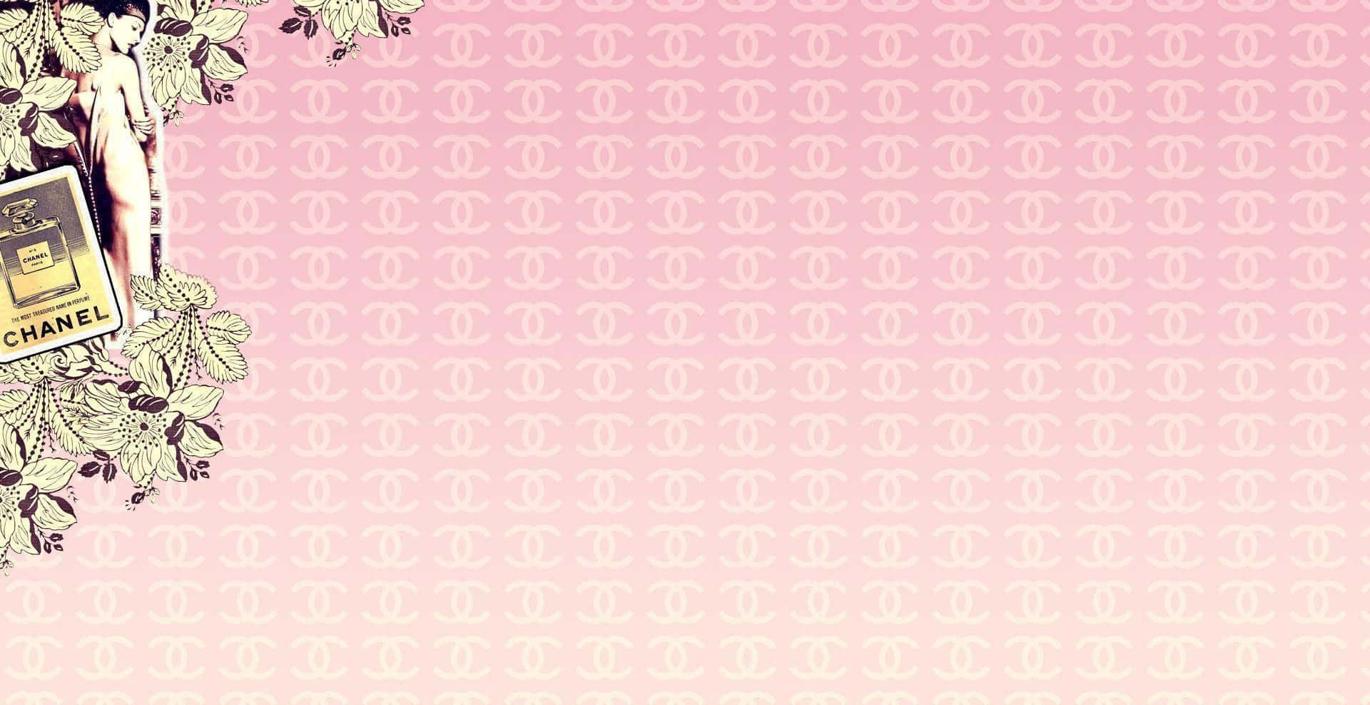 Chanel 香水瓶被花朵環繞，置於粉紅色標誌圖案背景上。 — Valorant Logo 壁紙