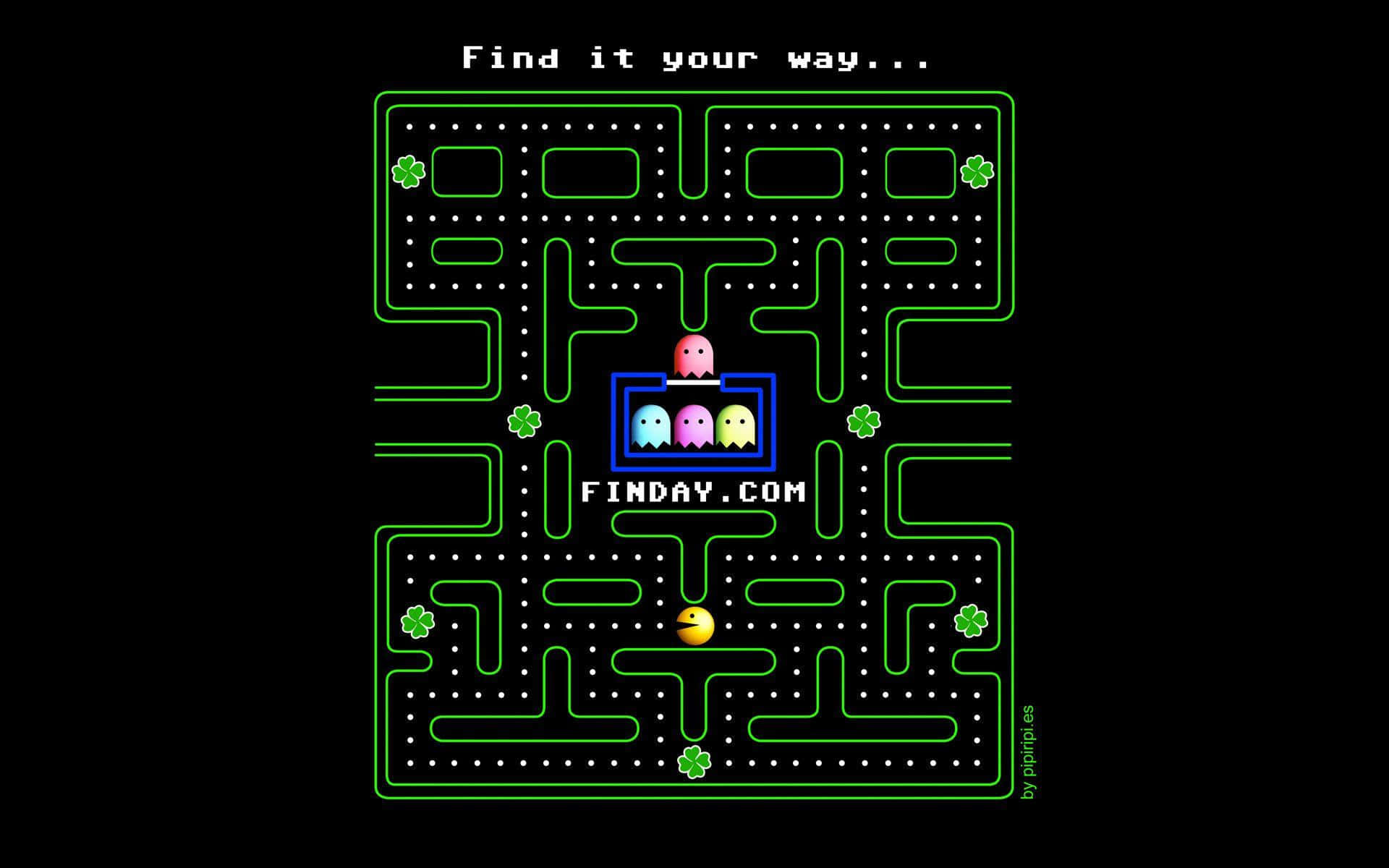 pac man 桌布 壁紙 — 一個復古 Pacman 迷宮，黑色背景上有發光的綠色牆壁和點點，並有四隻鬼魂和一個黃色 Pacman。