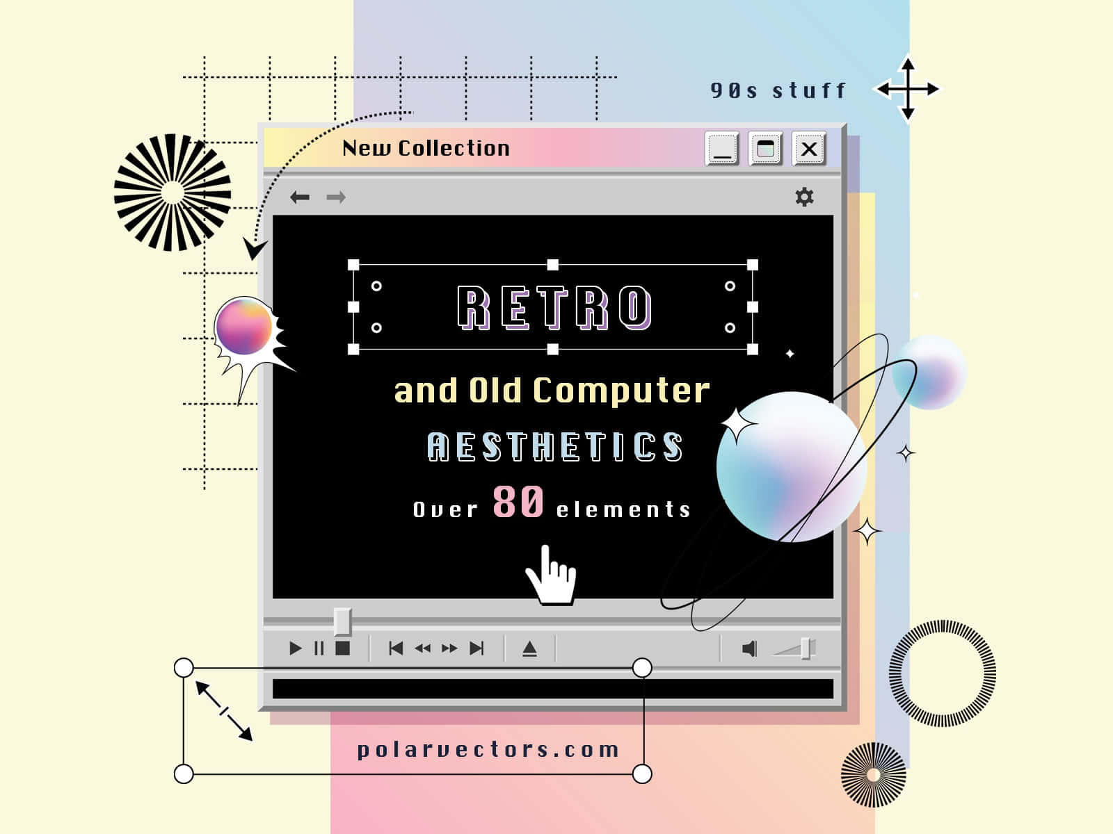 Aesthetic Retro 桌布 壁紙 — 一個復古90年代電腦視窗顯示「RETRO and Old Computer AESTHETICS」，帶有游標和色彩繽紛的抽象元素漂浮在周圍。