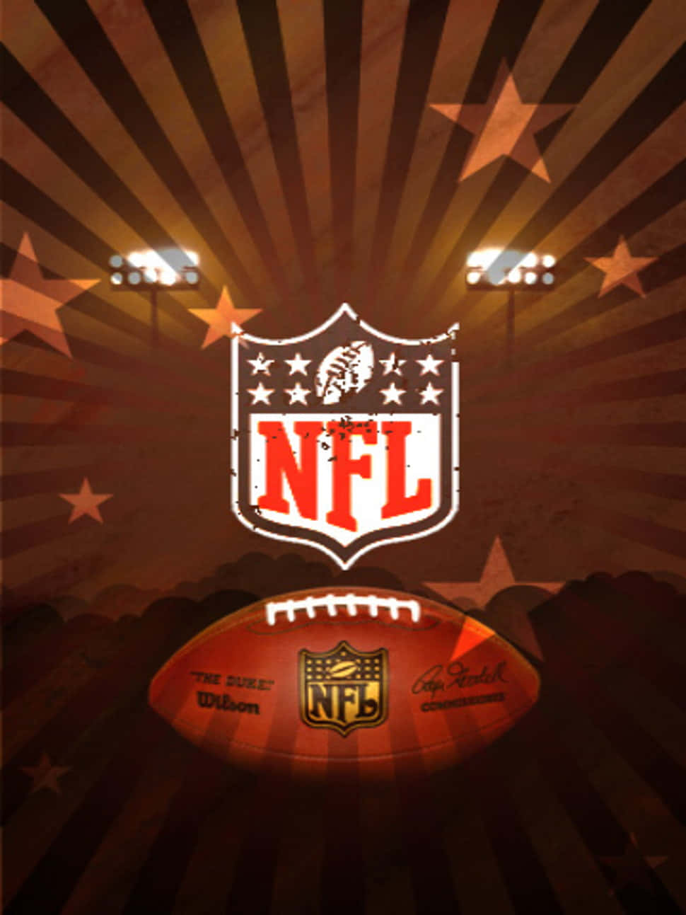 NFL 桌布 壁紙 — 一個復古NFL標誌和足球在體育場燈光下發光，背景是星爆效果。