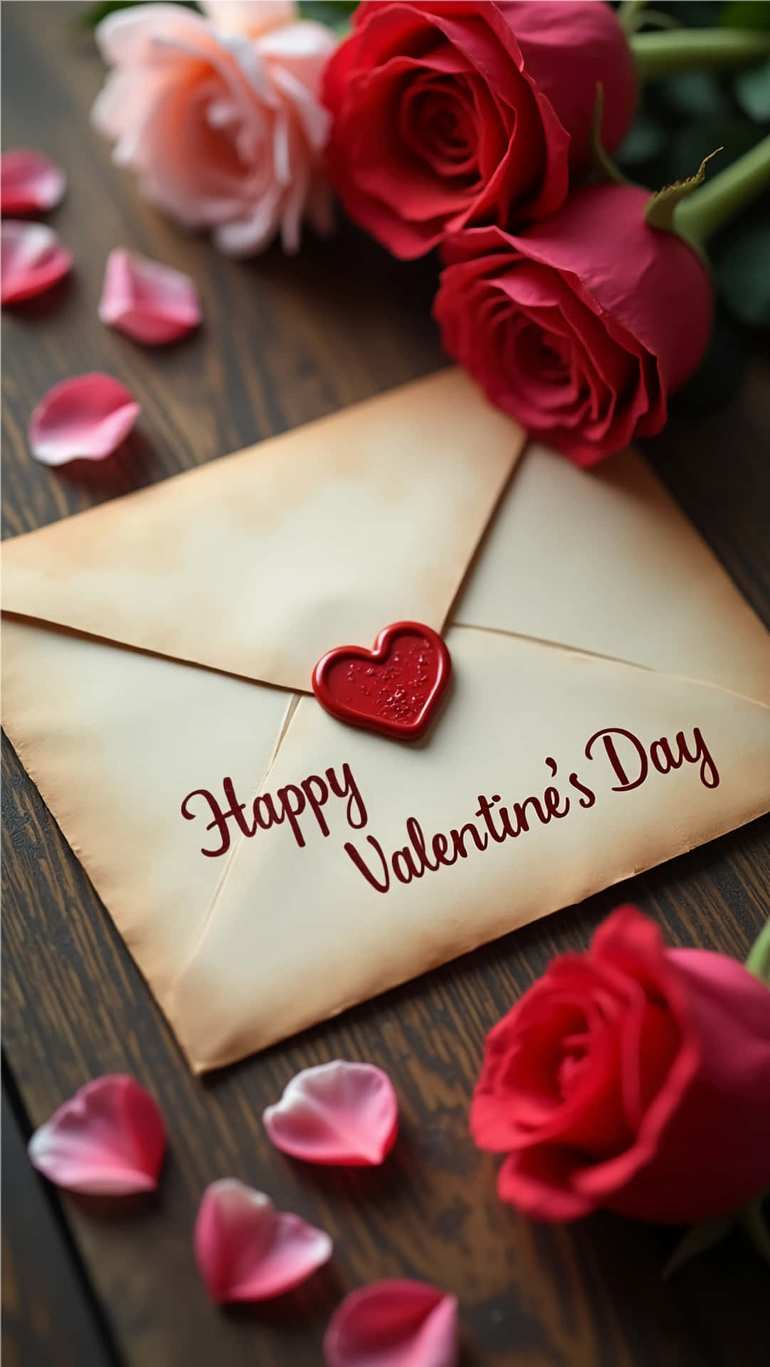 Valetine's day 壁紙 — 一個復古信封，用紅色心形蠟封封口，並寫有 Happy Valentine's Day 字樣，放在深色木桌上，旁邊有鮮紅和柔粉色的玫瑰以及散落的花瓣。