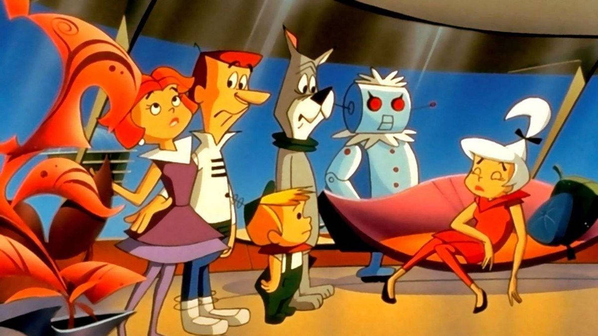 Animated 桌布 壁紙 — 一個復古動畫場景，描繪一個家庭和機器人角色在太空船內，採用大膽的橙色和藍色。
