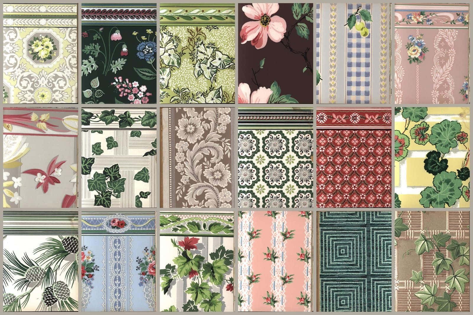Beautiful Retro 桌布 壁紙 — 一個復古壁紙樣本網格，包含花卉藤蔓、幾何圖案和經典邊框設計，色調柔和淡雅且豐富。