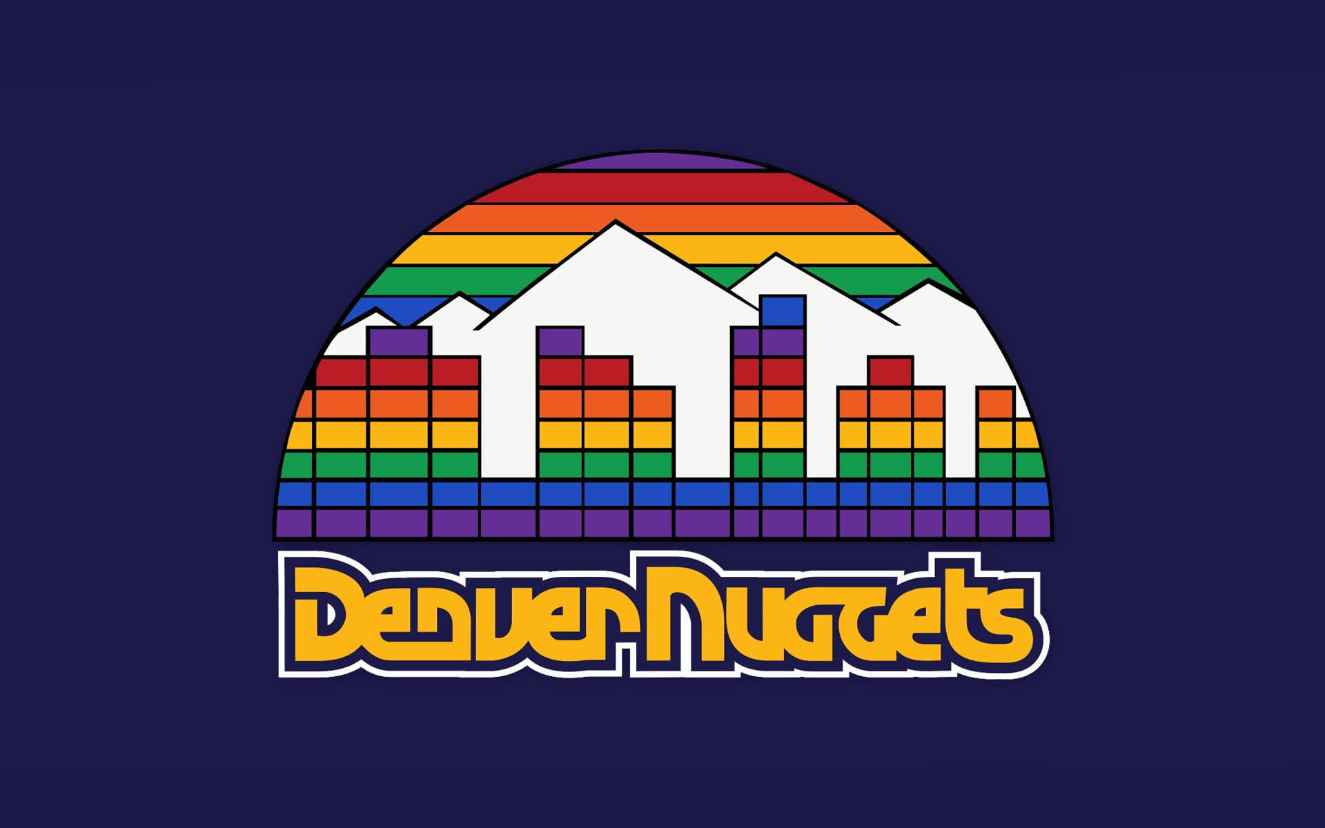 Denver 桌布 壁紙 — 一個復古彩虹山標誌，帶有像素化建築物和 'Denver Nuggets' 文字，背景為深藍色。