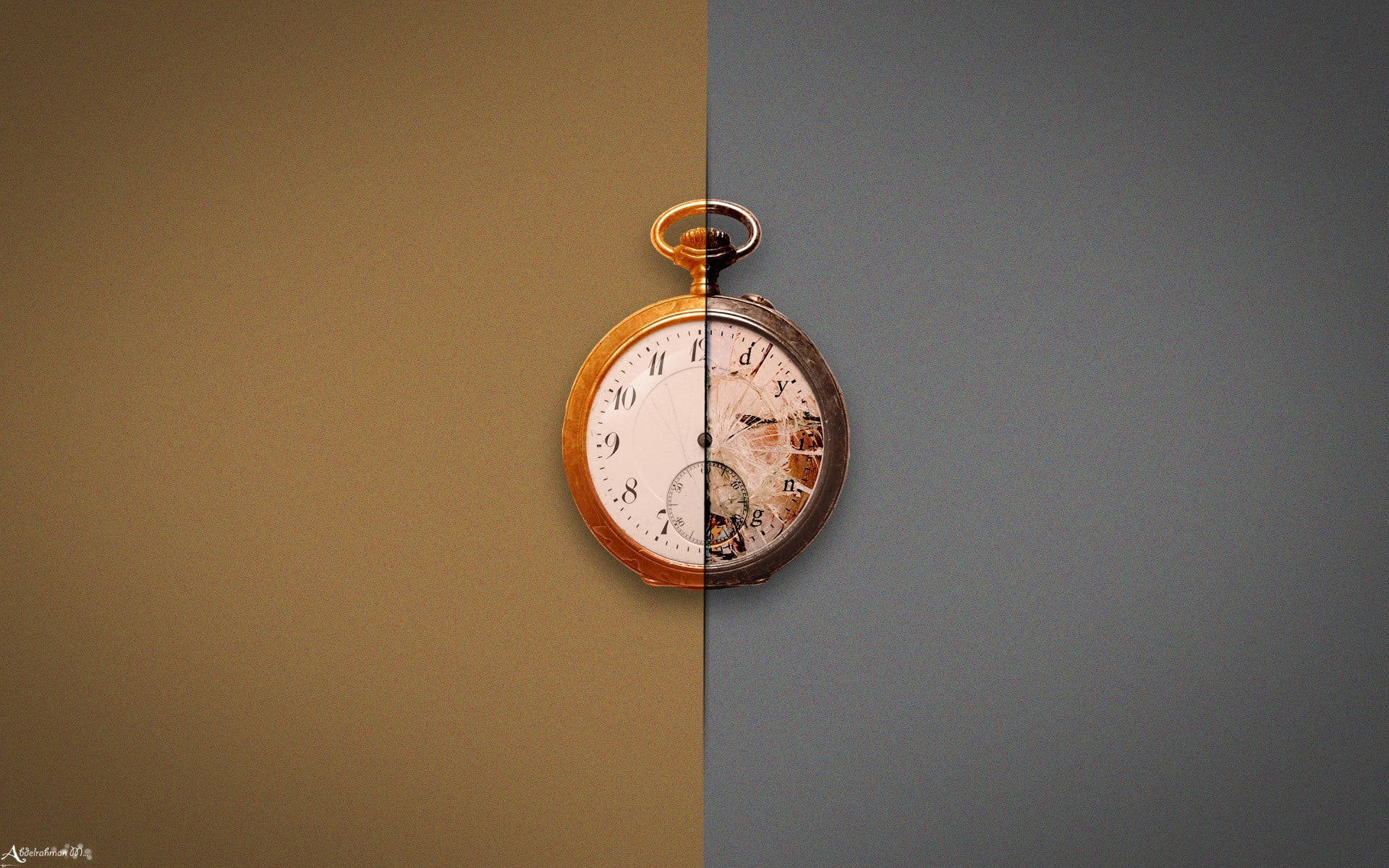 Clock 桌布 壁紙 — 一個復古懷錶從中間一分為二，左側完好無損，右側飽經風霜，背景為雙色調。