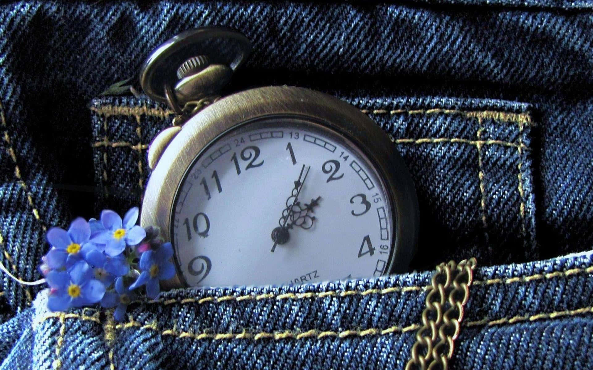 Jeans 桌布 壁紙 — 一個復古懷錶放在牛仔布口袋裡，旁邊有精緻的藍色勿忘我和金鏈。