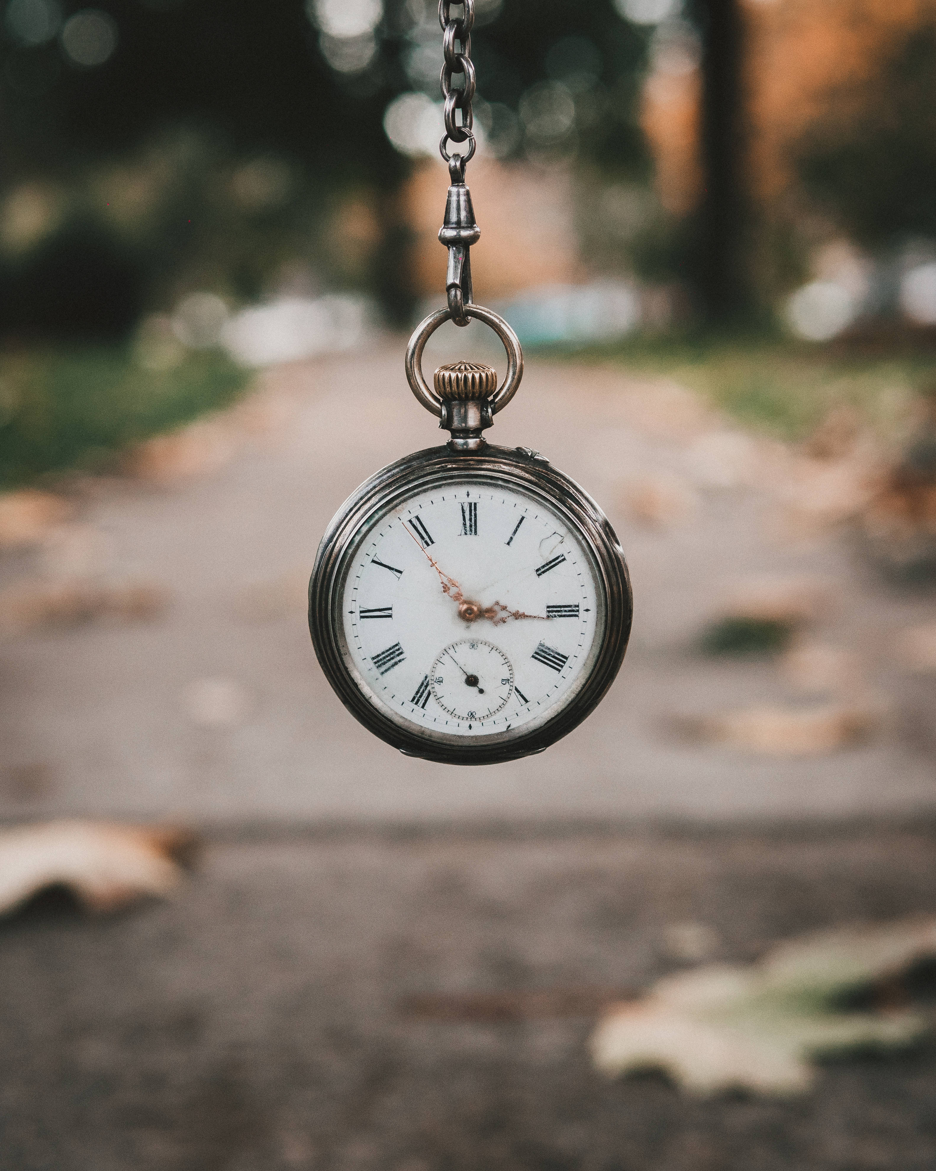 Clock 桌布 壁紙 — 一個復古懷錶用鏈條懸掛，背景是模糊的秋季公園小徑，有落葉。