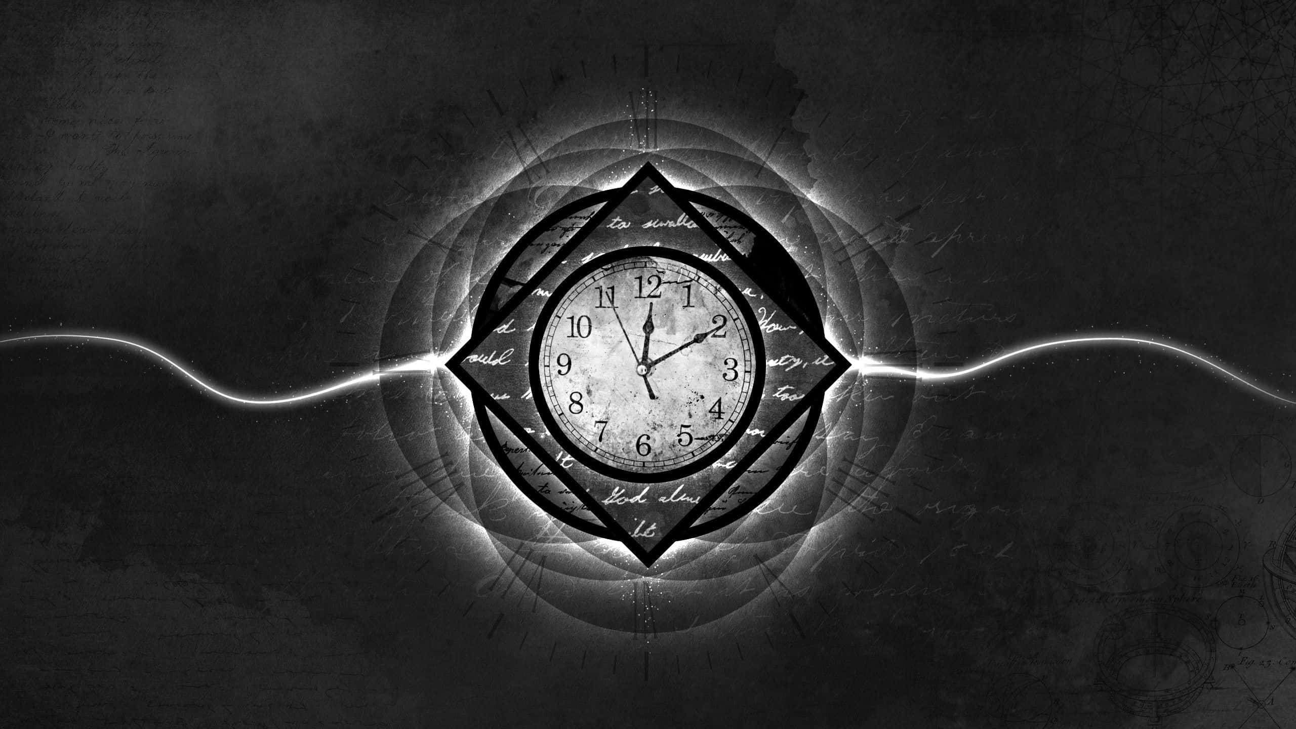 Time 桌布 壁紙 — 一個復古時鐘置於發光幾何框架中央，背景為深色紋理，帶有旋轉光波。