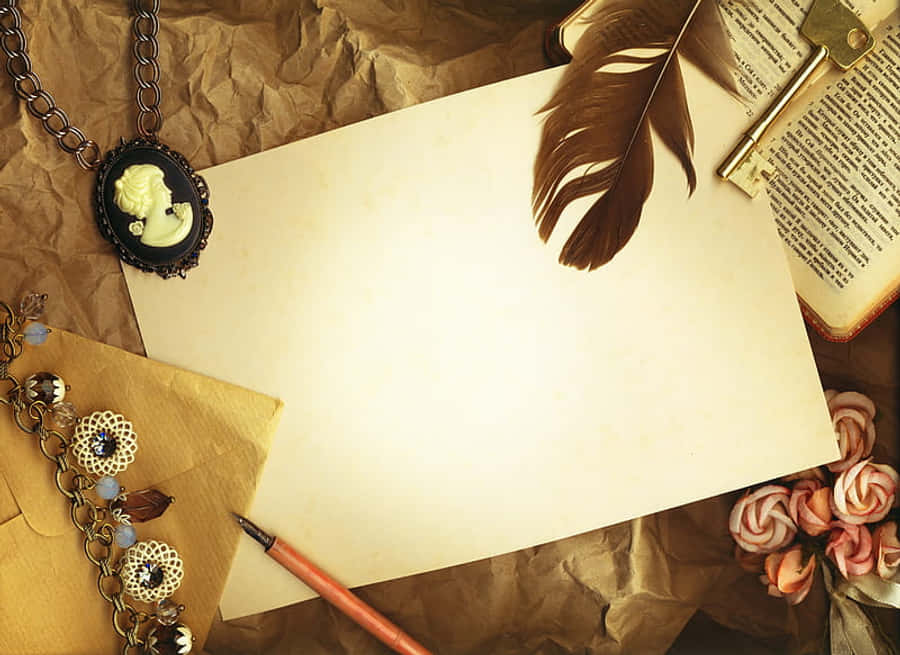 Letter 桌布 壁紙 — 一個復古書寫佈置，包含空白羊皮紙、羽毛筆、卡梅奧項鍊和玫瑰，放在皺巴巴的棕色紙上。