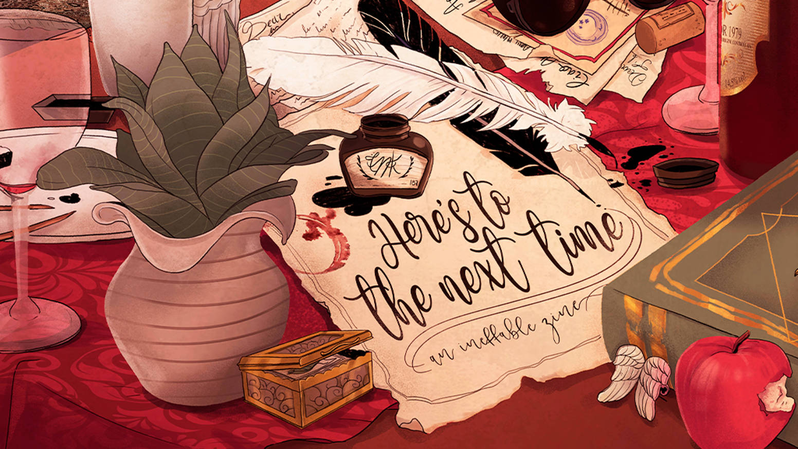Good Omens 桌布 壁紙 — 一個復古書桌場景，包含手寫便條、墨水瓶、羽毛筆和紅色錦緞布料，營造浪漫懷舊的氛圍。