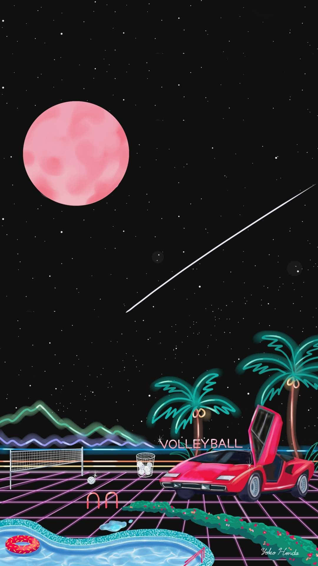 美學 桌布 壁紙 — 一個復古未來主義場景，有粉紅色的月亮、霓虹棕櫚樹，以及一輛紅色跑車停泊在發光的網格圖案泳池旁，上方是星空。