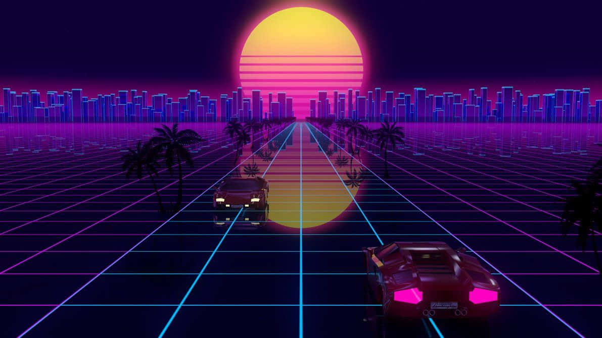 90s Retro 桌布 壁紙 — 一個復古未來主義場景，發光的霓虹車在網格道路上，在像素化城市天際線上的巨大日落之下。