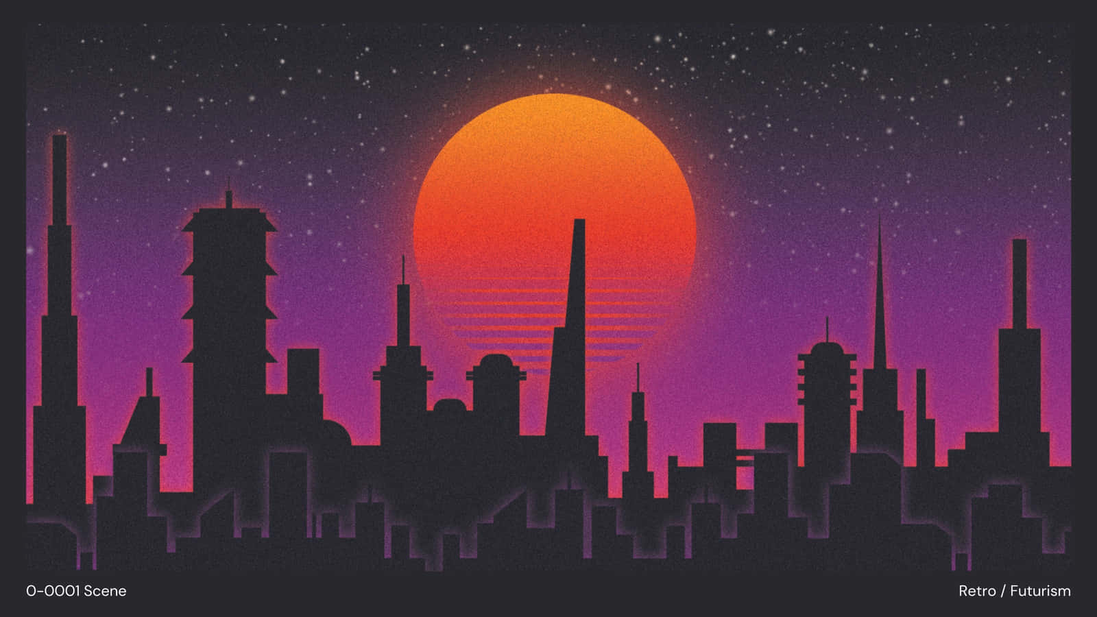 桌布 壁紙 — 一個復古未來主義的城市天際線，在一個巨大的橙色太陽映襯下，太陽正落在繁星點點的紫色天空上。