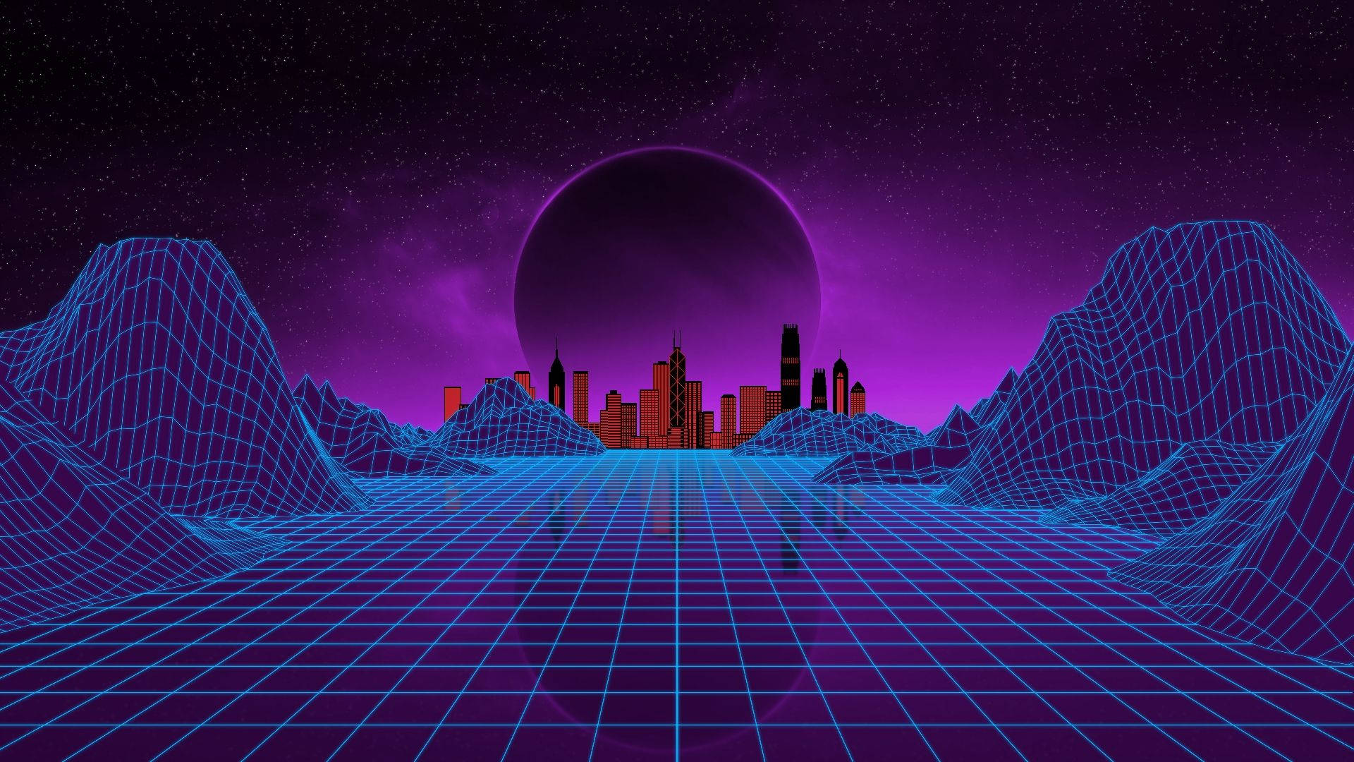 Outrun 桌布 壁紙 — 一個復古未來主義的城市天際線在紫色星空和一個大行星的背景下發出橙色光芒，並由藍色線框山脈和網格地板框住。