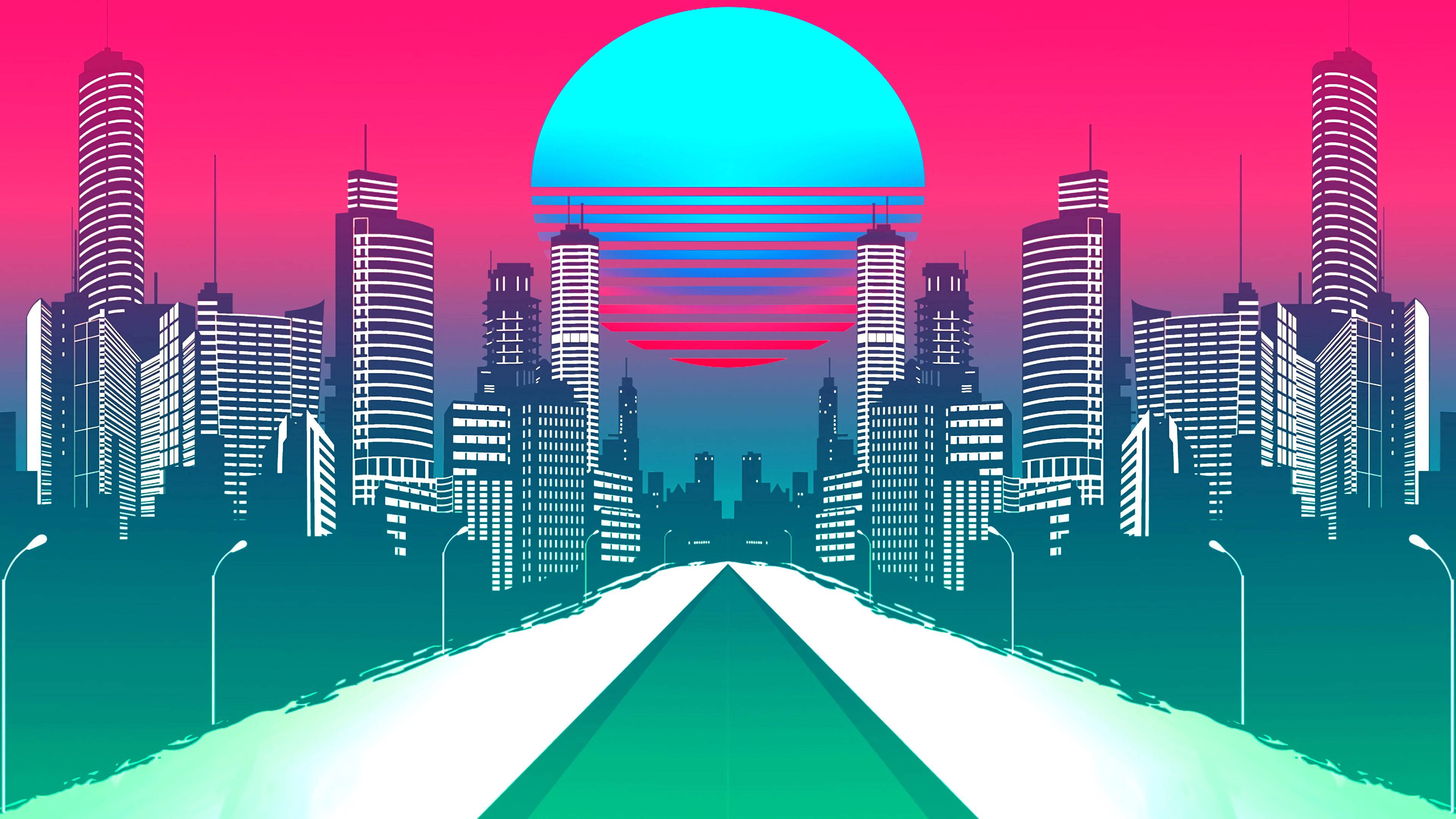 合成波 桌布 壁紙 — 一個復古未來主義的城市景觀，從一條發光的道路望去，一顆發光的青色太陽正在霓虹粉紅和青綠色的摩天大樓上落下。