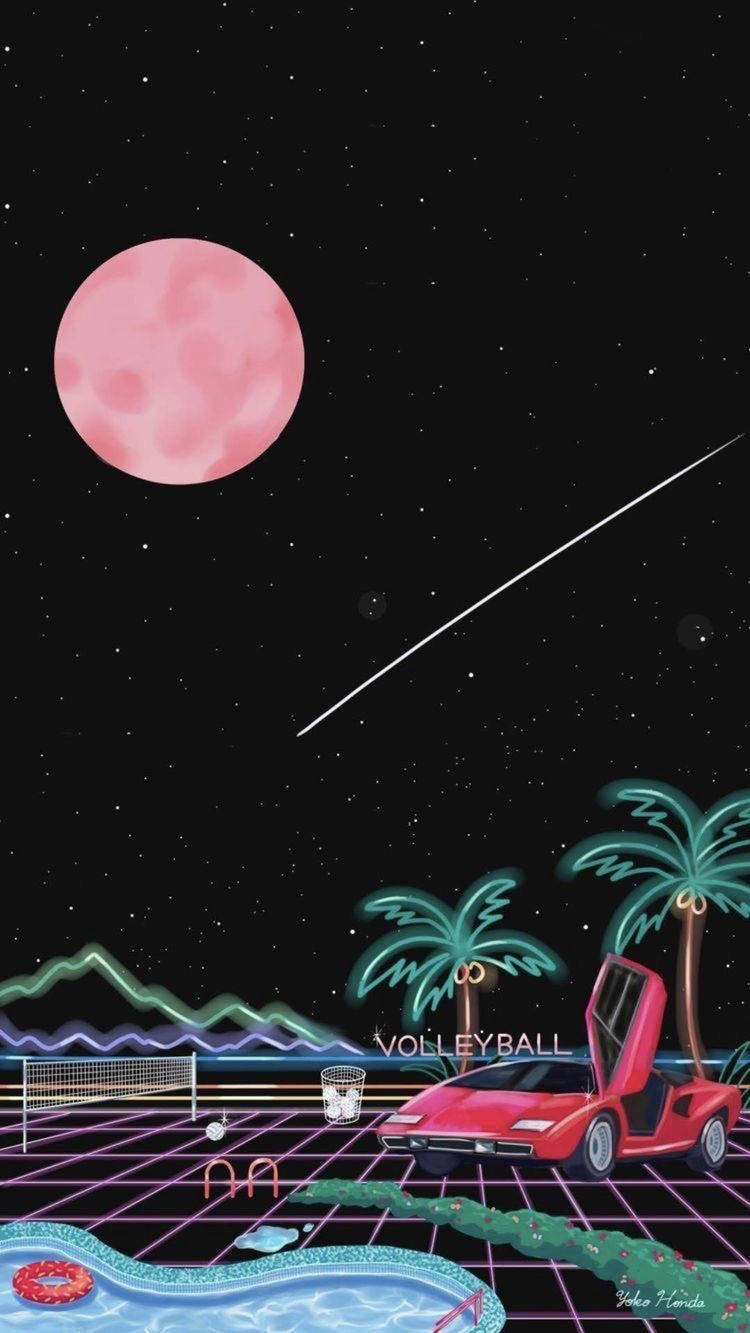 藝術 桌布 壁紙 — 一個復古未來主義的夜景，有粉紅色的月亮、霓虹網格、棕櫚樹、一輛紅色跑車和一個星空下的排球場。