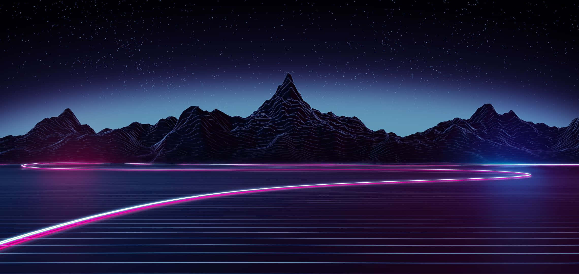 2280x1080 桌布 壁紙 — 一個復古未來主義的夜景，發光的霓虹線條在星空和鋸齒狀山脈下的網格狀景觀中彎曲。