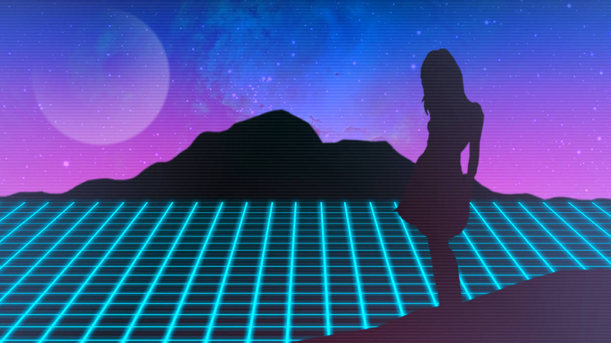 Outrun 桌布 壁紙 — 一個復古未來主義的女性剪影站在發光的藍色網格上，背景是充滿活力的紫色和藍色星空，還有一個大月亮。