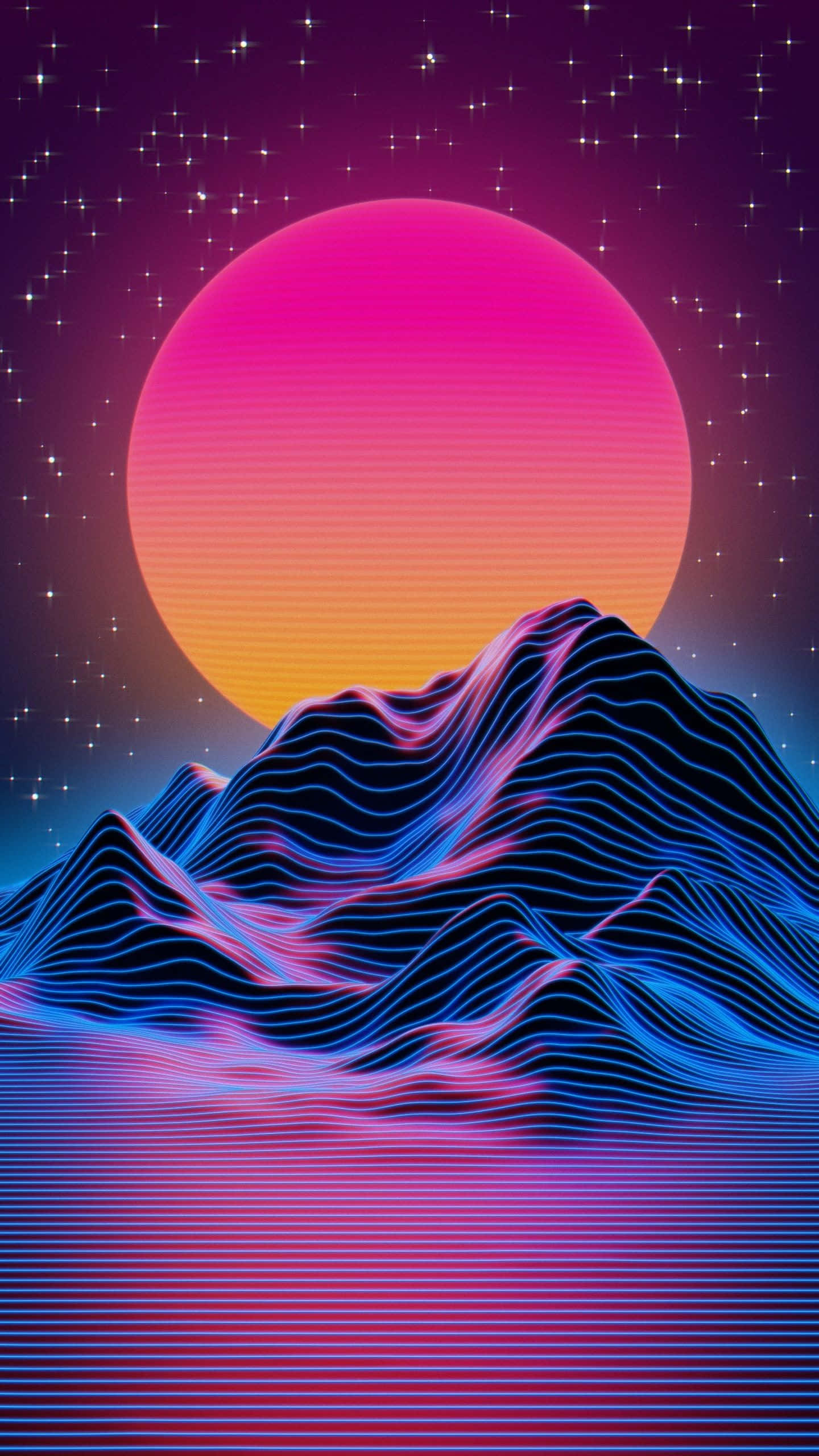 Vaporwave iPhone 桌布 壁紙 — 一個復古未來主義的山脈，在巨大的粉紅色和橙色太陽下，有發光的霓虹線條，背景是繁星點點的紫色天空。