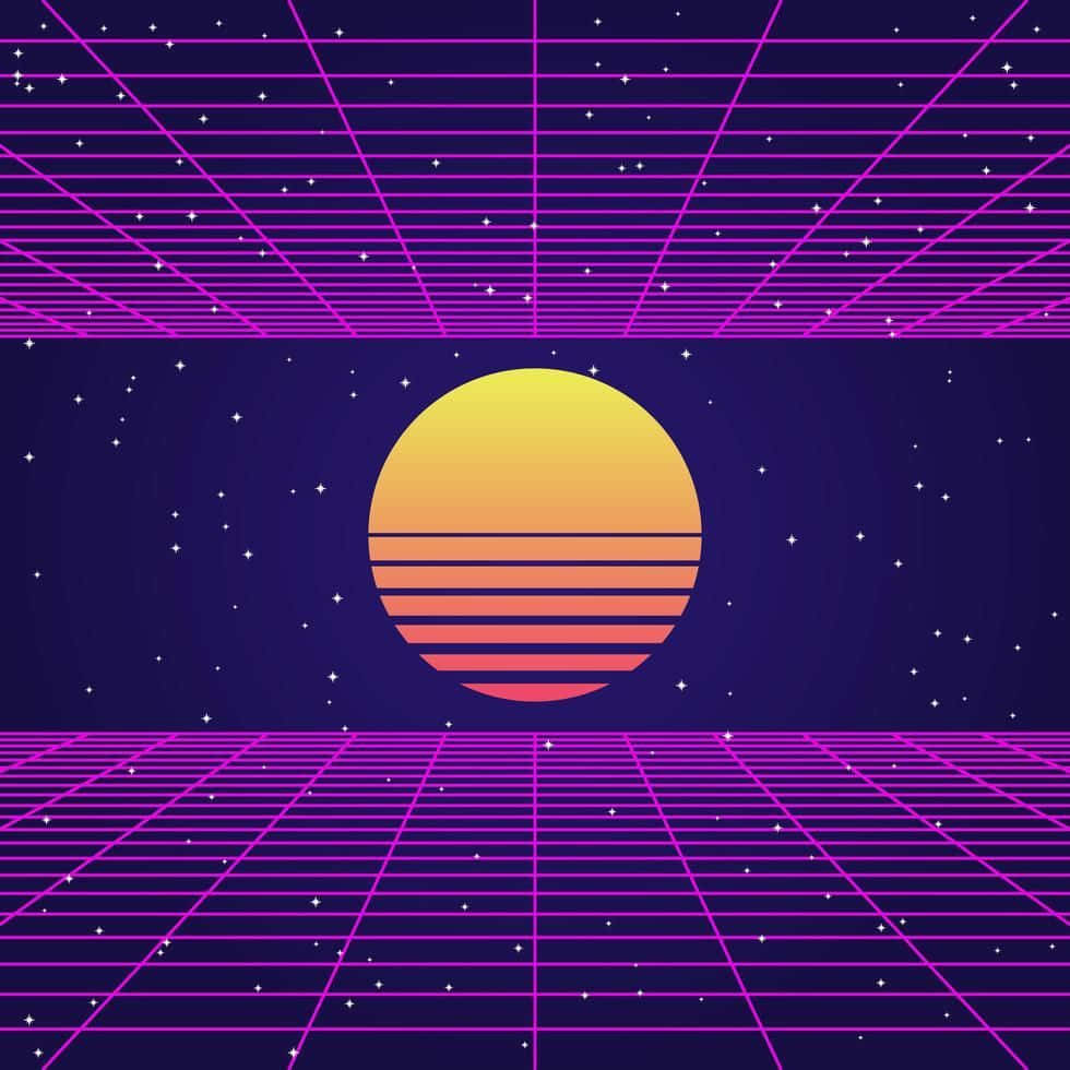 80s Vaporwave 桌布 壁紙 — 一個復古未來主義的日落，中心有一個條紋橙黃色的太陽，背景是繁星點點的紫色網格天空和地板。