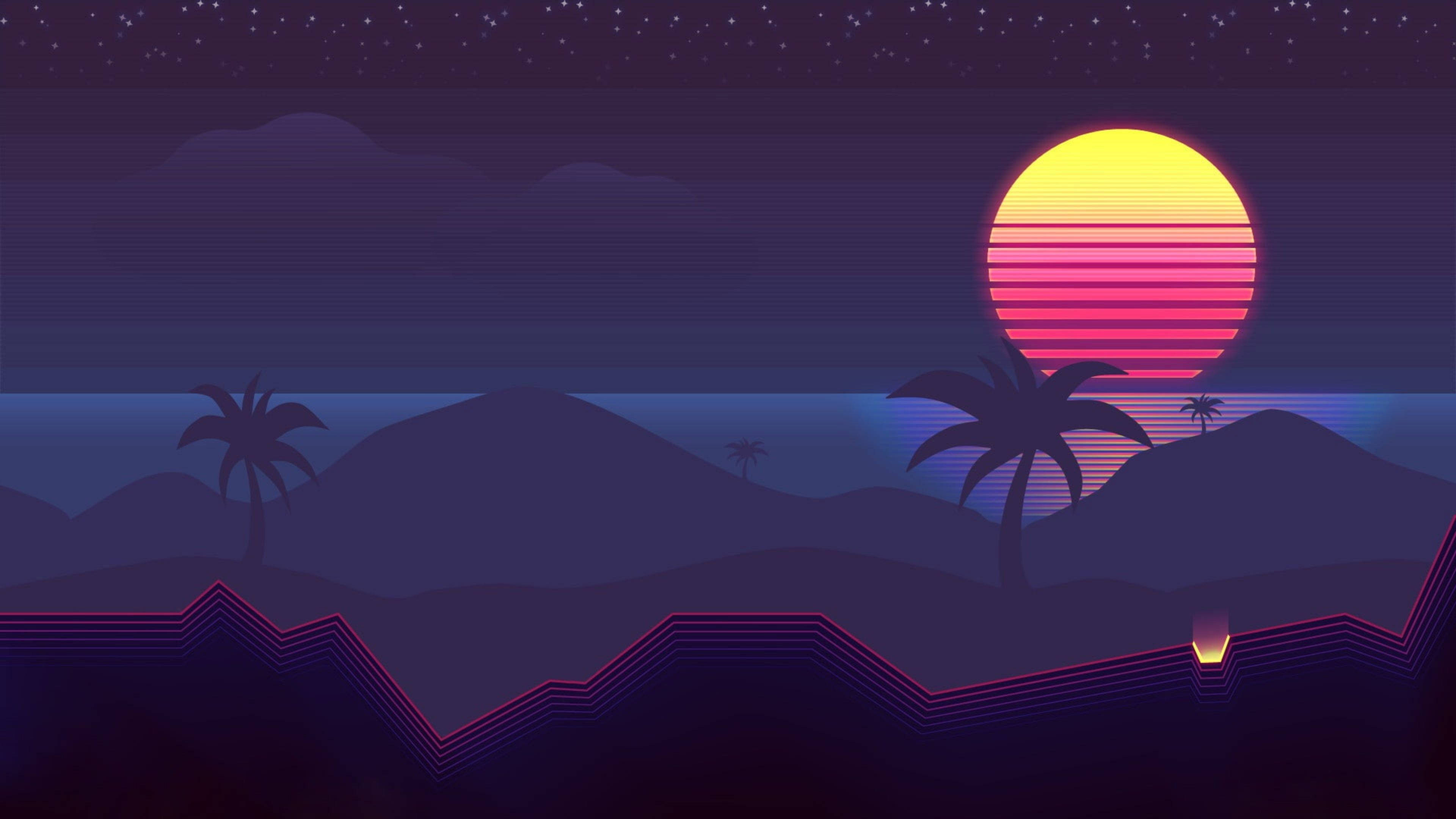 Outrun 桌布 壁紙 — 一個復古未來主義的日落，在星空下，紫色山脈和棕櫚樹上方有橙色和粉紅色條紋的太陽。