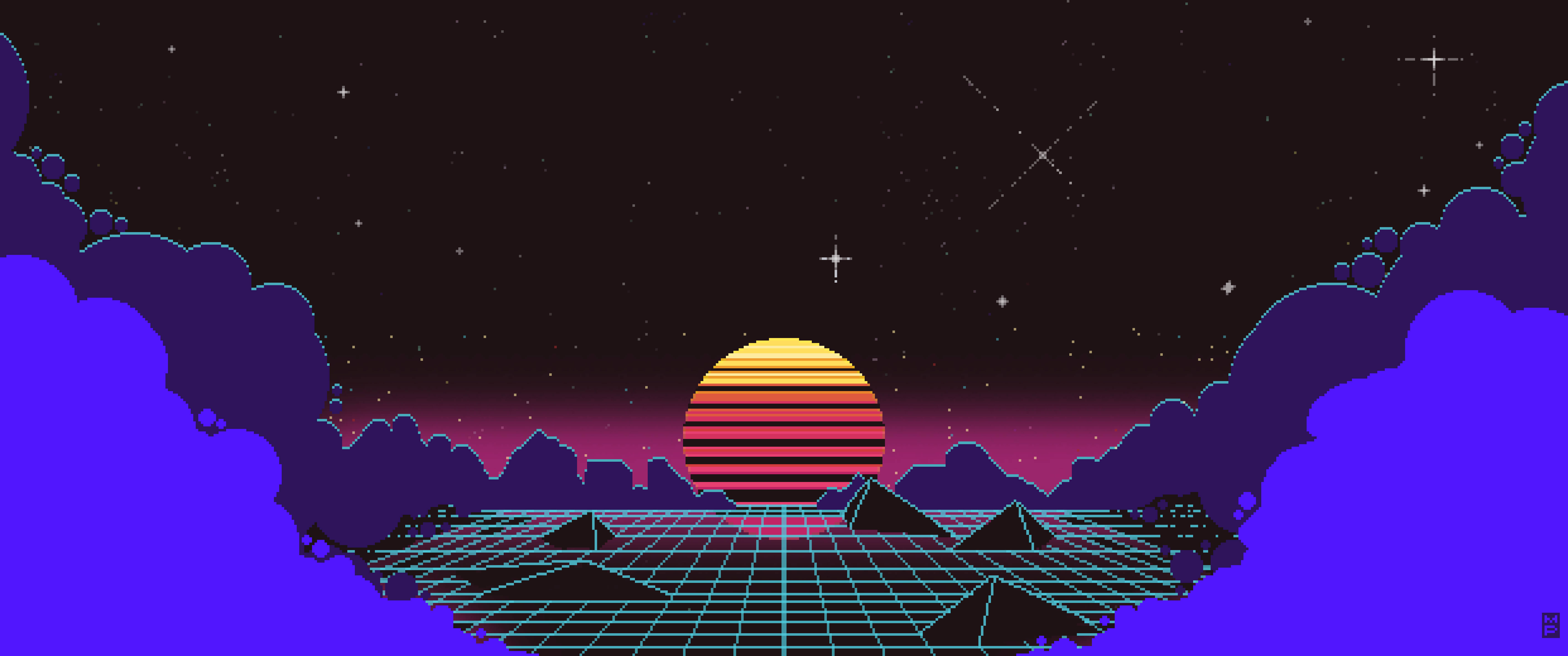 Outrun 桌布 壁紙 — 一個復古未來主義的日落，帶有條紋太陽，位於發光的網格景觀之上，由紫色雲朵和星星框住。