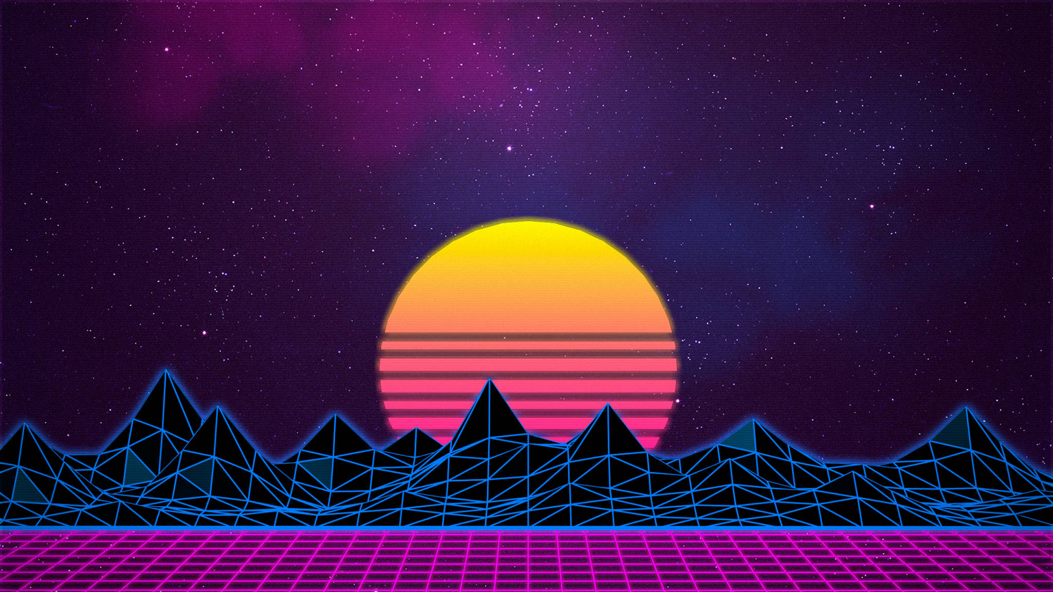 Retrowave 桌布 壁紙 — 一個復古未來主義的日落，帶有條紋橙色太陽，位於霓虹藍色幾何山脈之上，在星空下有一個發光的紫色網格。