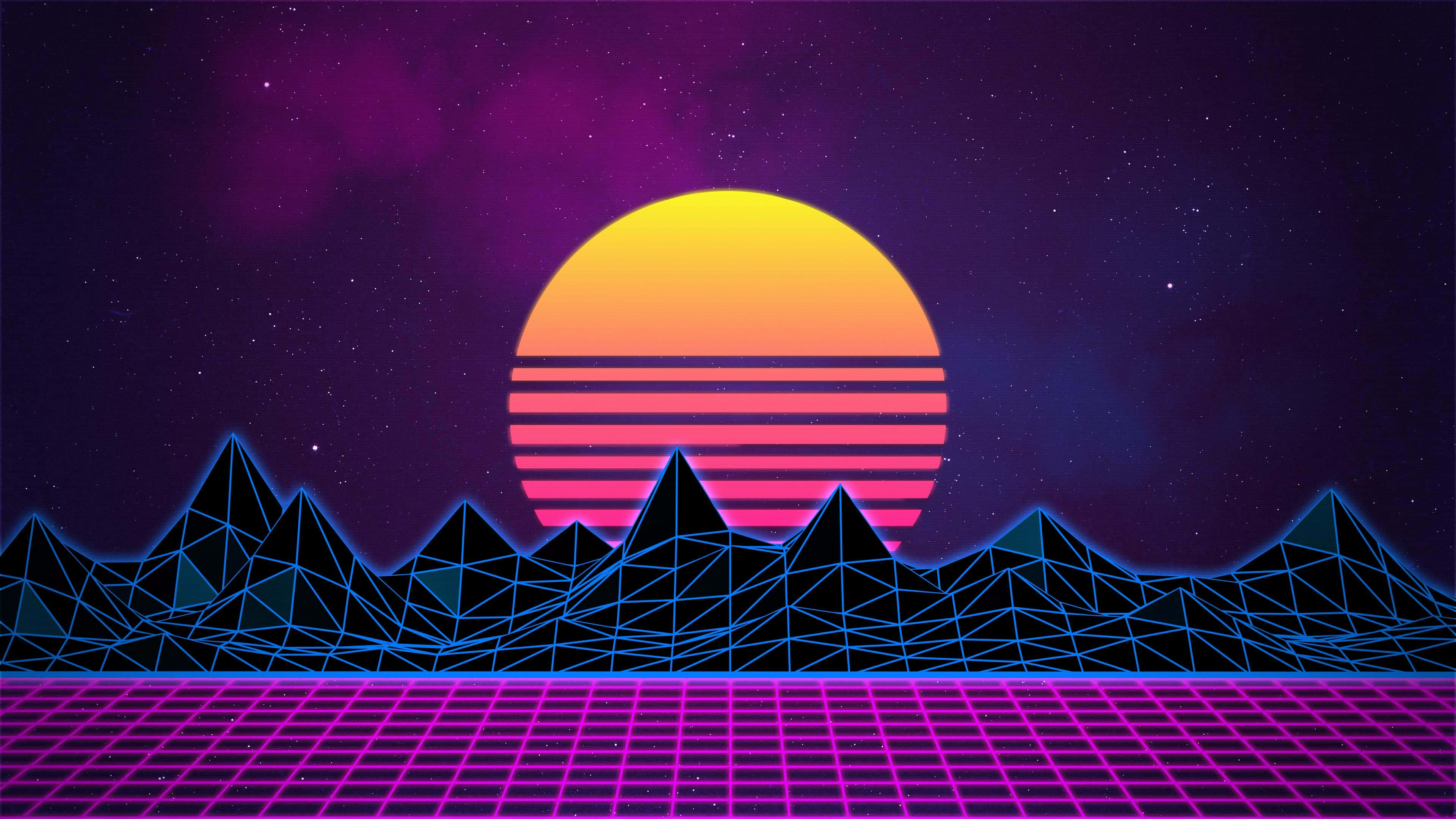 90s Retro 桌布 壁紙 — 一個復古未來主義的日落，帶有條紋橙色太陽，位於霓虹藍色幾何山脈和發光的紫色網格地板之上。