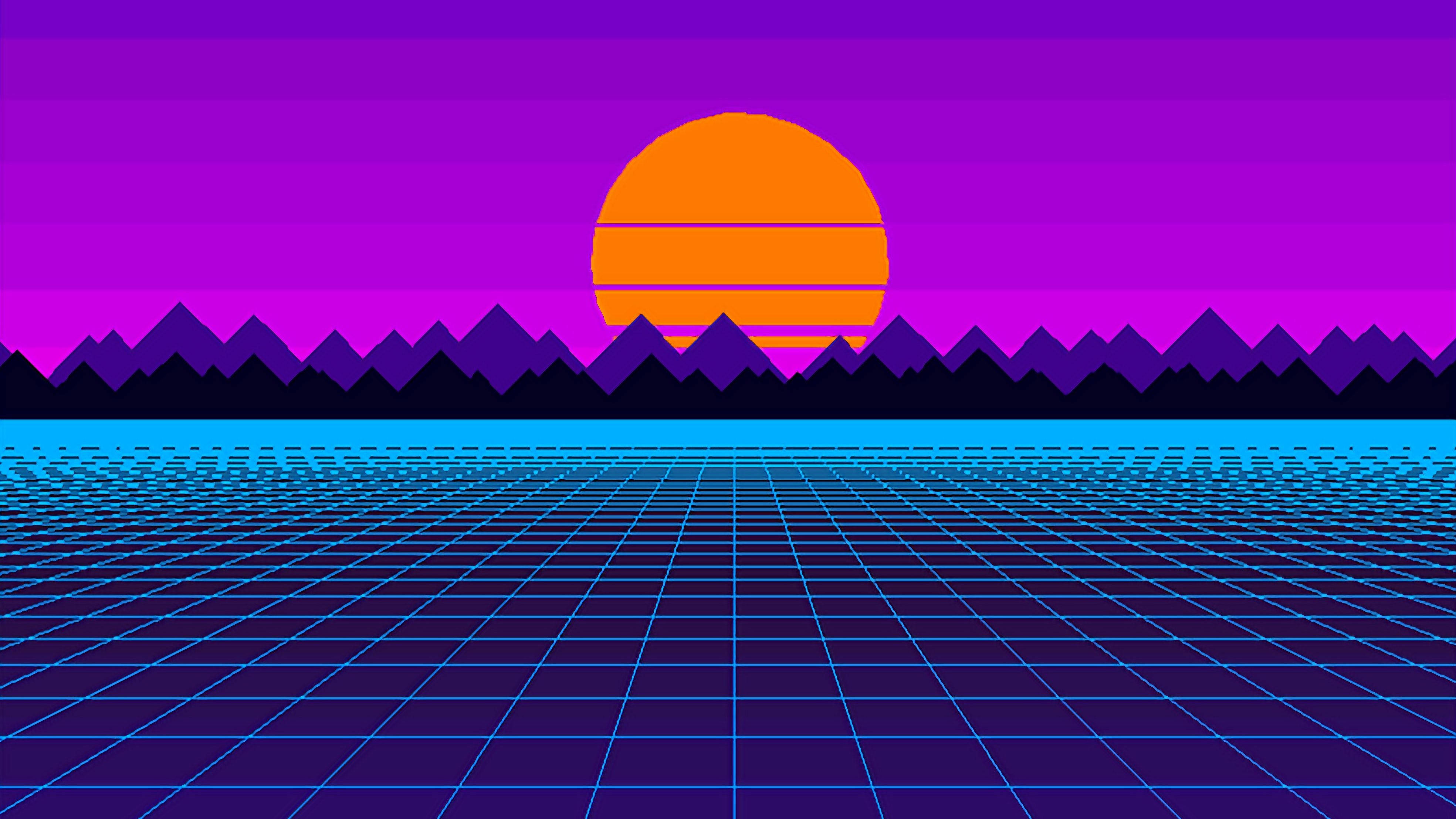 Outrun 桌布 壁紙 — 一個復古未來主義的日落，橙色太陽在紫色山脈之上，發光的藍色網格地平線。