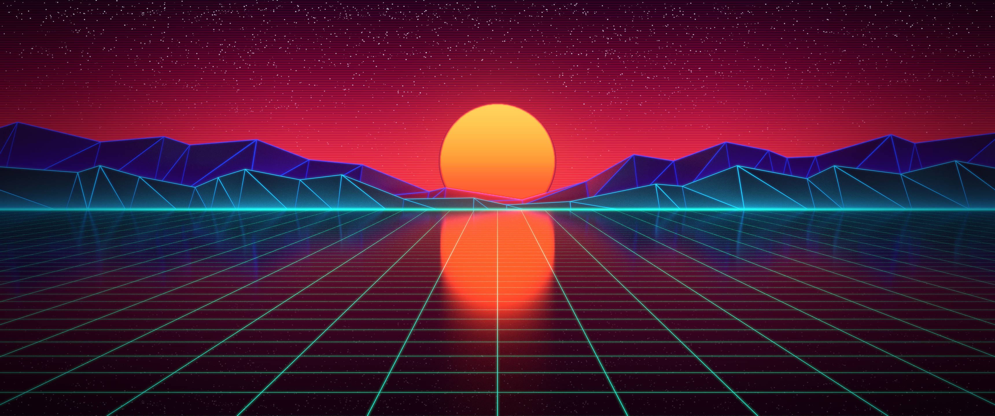 風景 桌布 壁紙 — 一個復古未來主義的景觀，在星光燦爛的紫色天空下，霓虹網格地形和幾何山脈上方有一顆發光的橙色太陽。