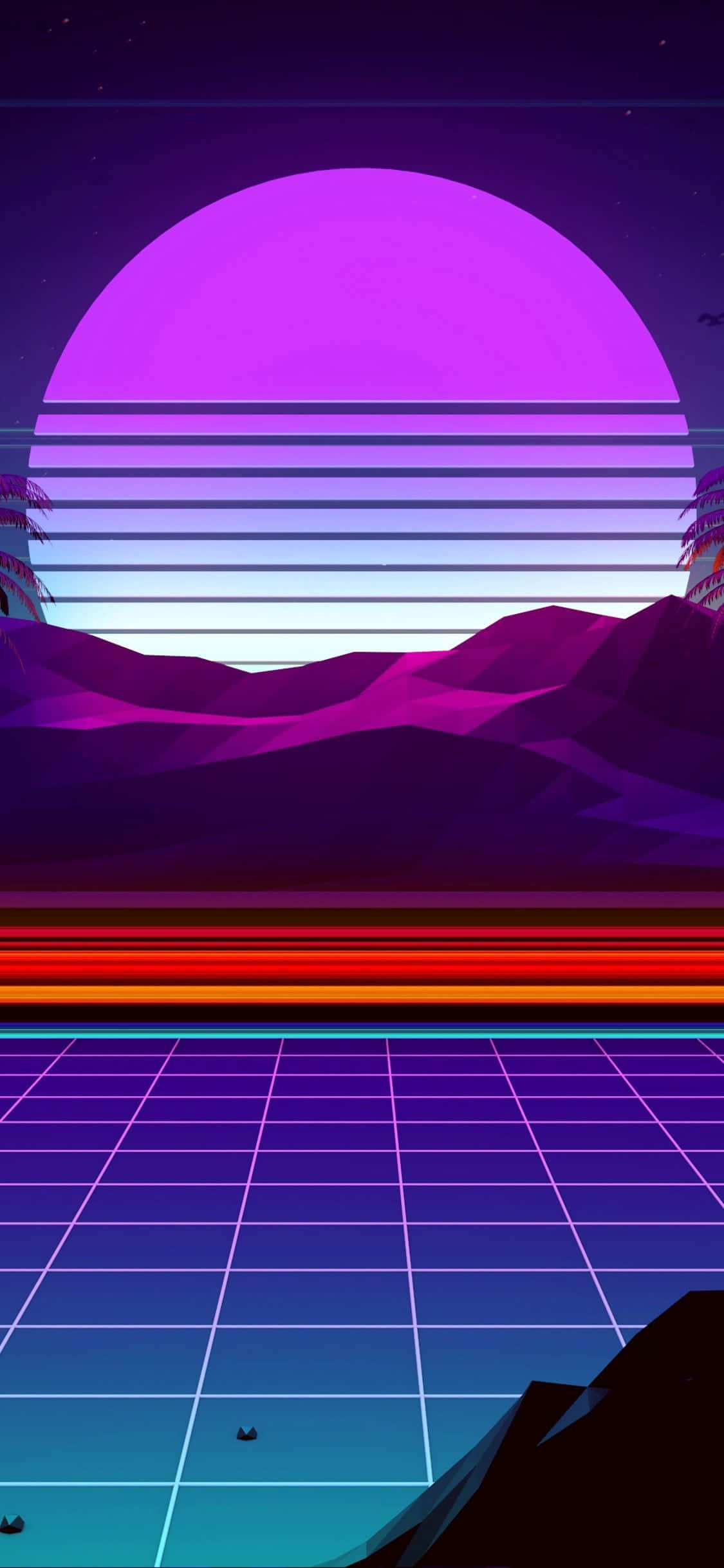 Retro iPhone 桌布 壁紙 — 一個復古未來主義的景觀，巨大的紫色太陽在條紋山脈和發光的網格地板後落下。