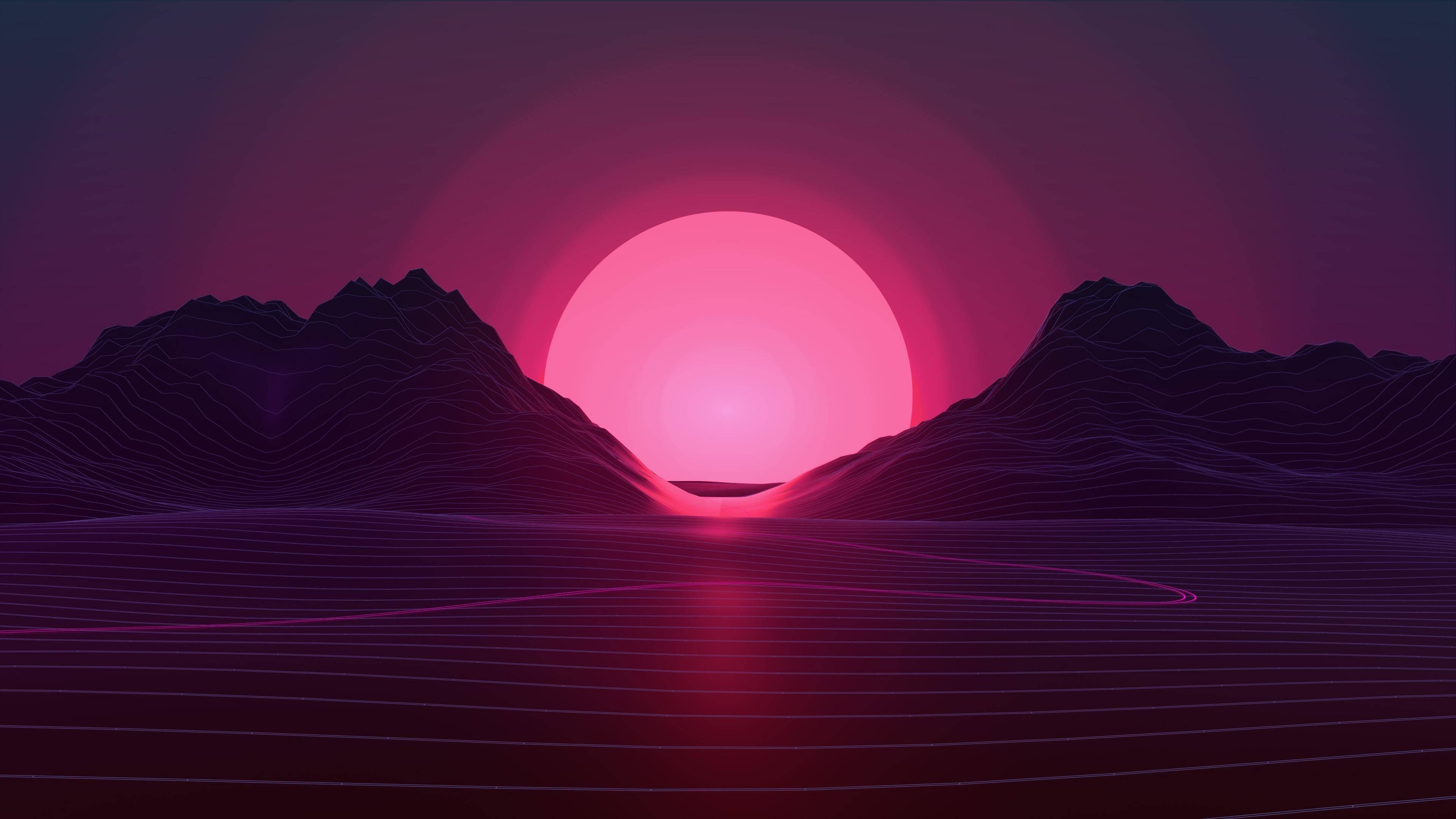 Vaporwave 桌布 壁紙 — 一個復古未來主義的景觀，發光的粉紅色太陽在紫色山脈後落下，網格線反射在水面上。