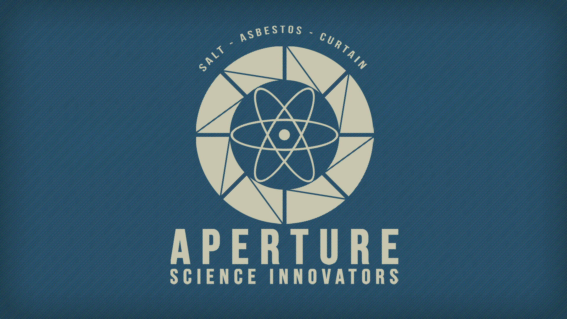 科學 桌布 壁紙 — 一個復古未來主義的標誌，為Aperture Science Innovators設計，在紋理青綠色背景上，相機光圈設計內含原子符號。