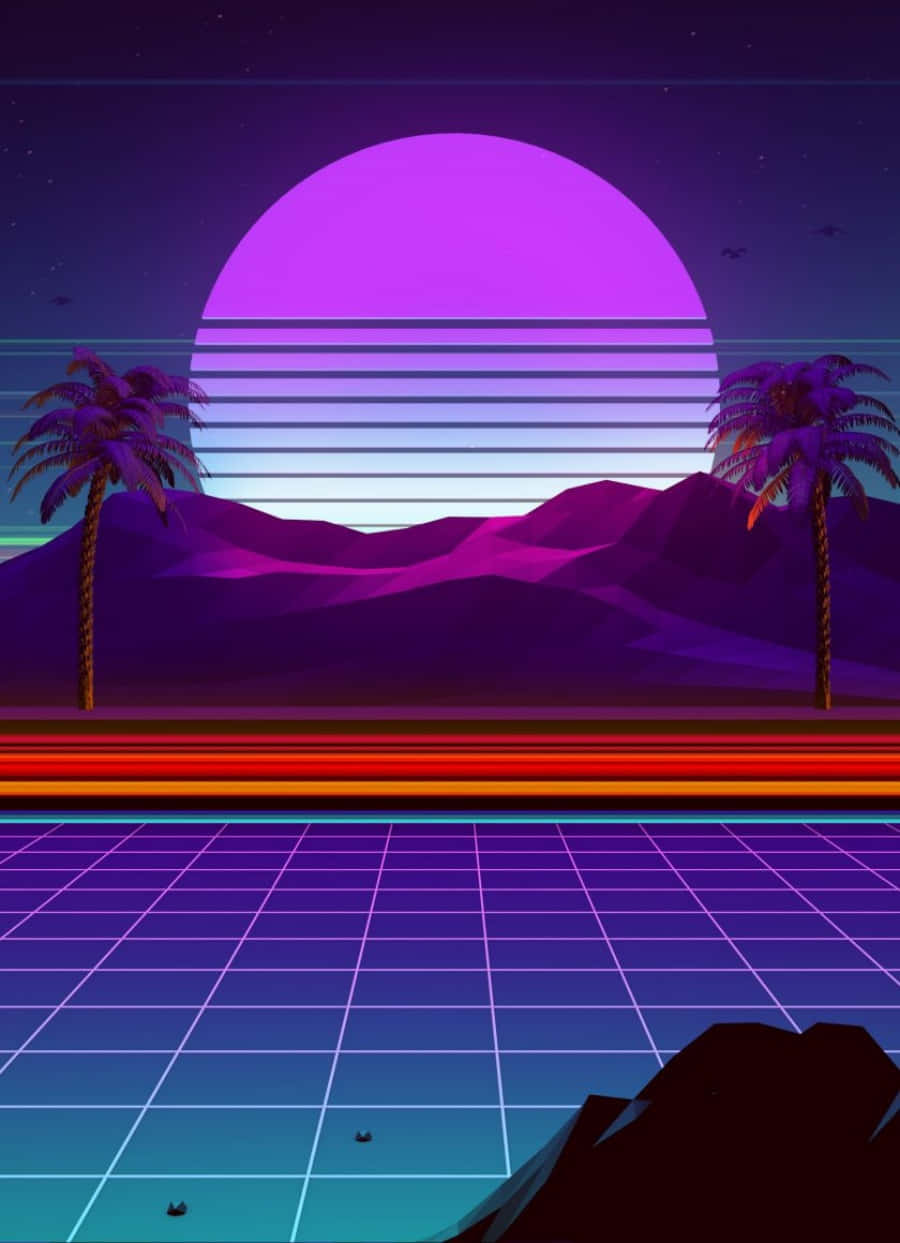 Retro Futurism 桌布 壁紙 — 一個復古未來主義的沙漠場景，在星空下，山脈和棕櫚樹後方有一個巨大的紫色太陽。