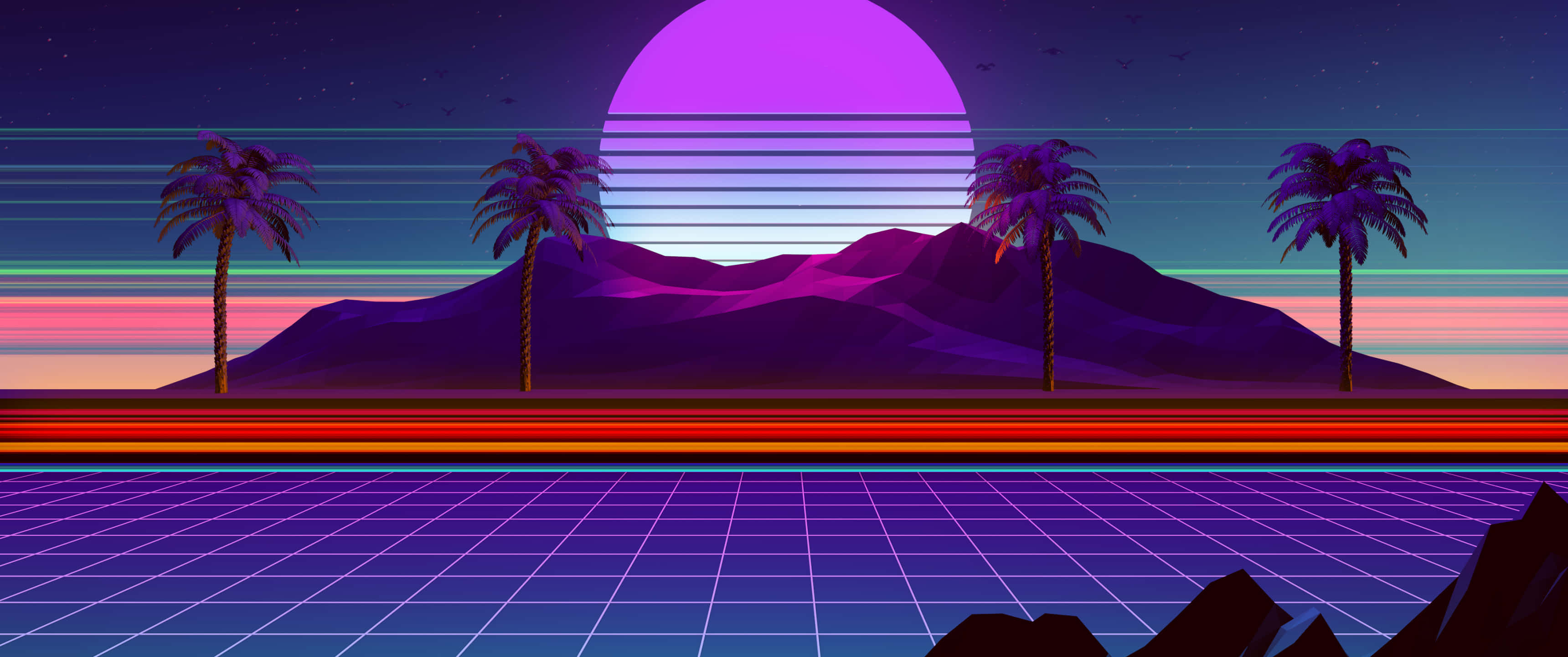 3440x1440 Neon 桌布 壁紙 — 一個復古未來主義的沙漠場景，有棕櫚樹、巨大的紫色太陽和霓虹網格線。