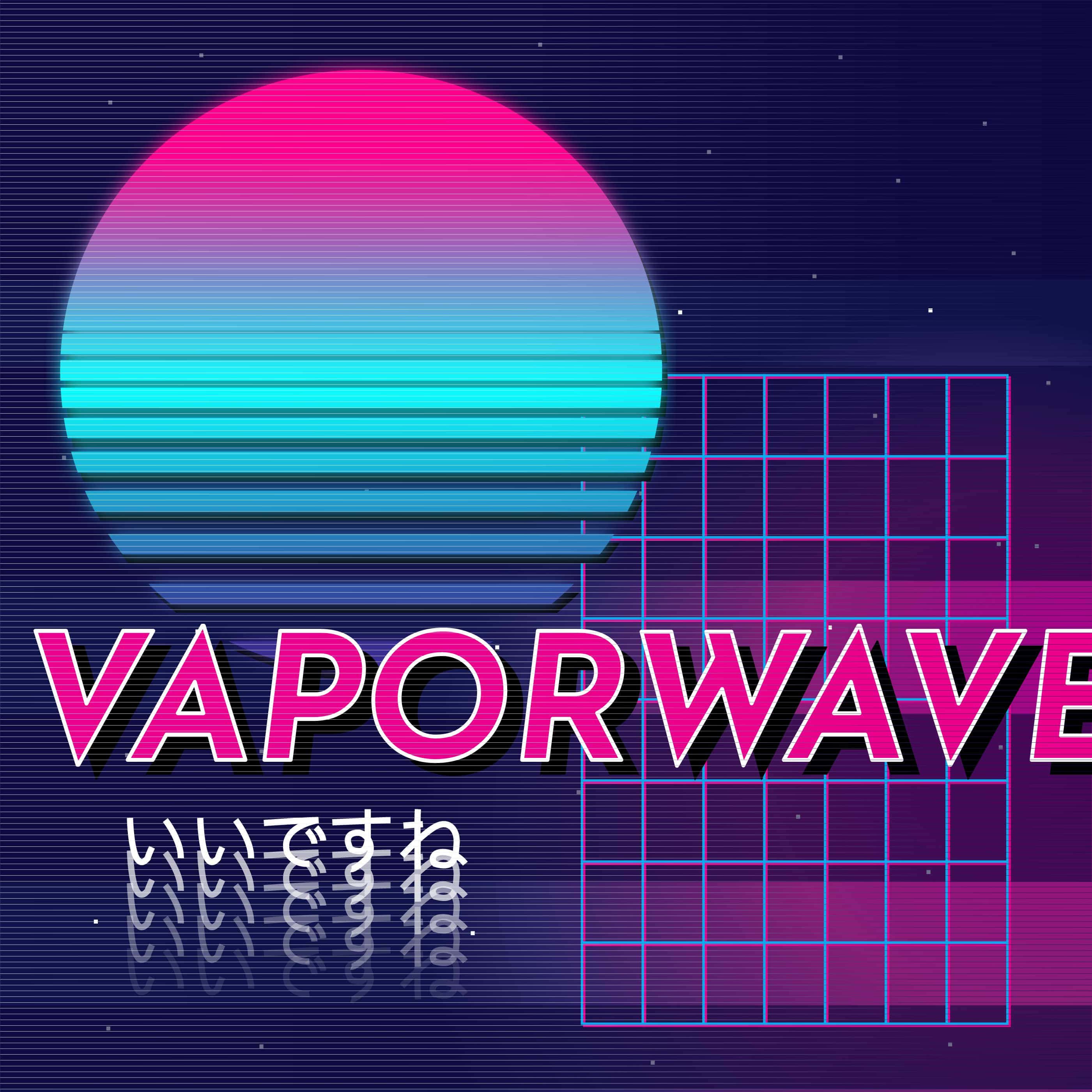 80s Vaporwave 桌布 壁紙 — 一個復古未來主義的蒸氣波日落，帶有粉紅到青色的漸變太陽，位於網格圖案和粗體粉紅文字之上。