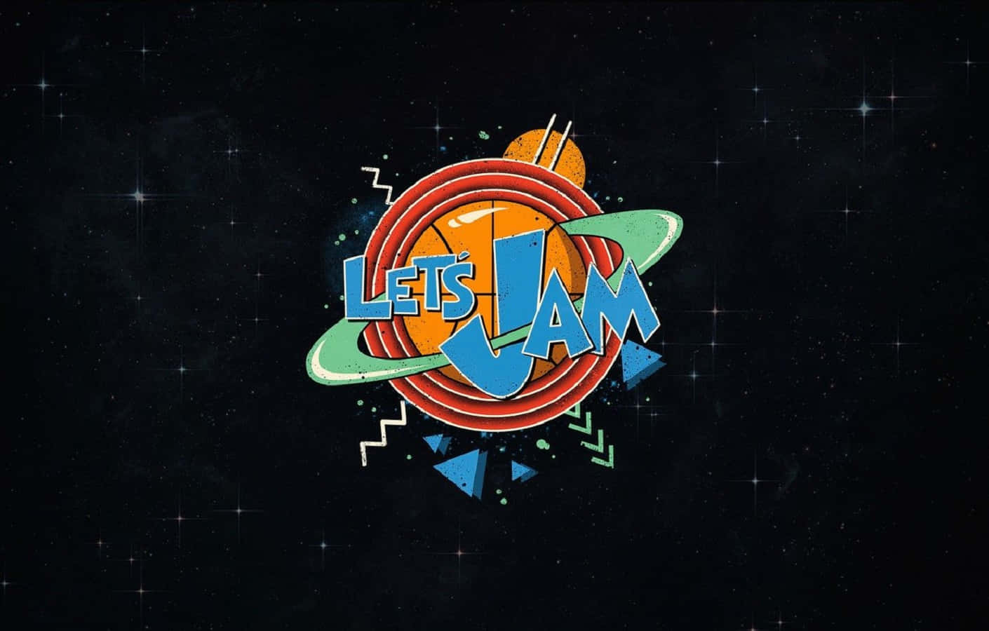 怪物奇兵 桌布 壁紙 — 一個復古未來風格的「Let's Jam」標誌，帶有籃球和土星環，漂浮在星空太空背景中。
