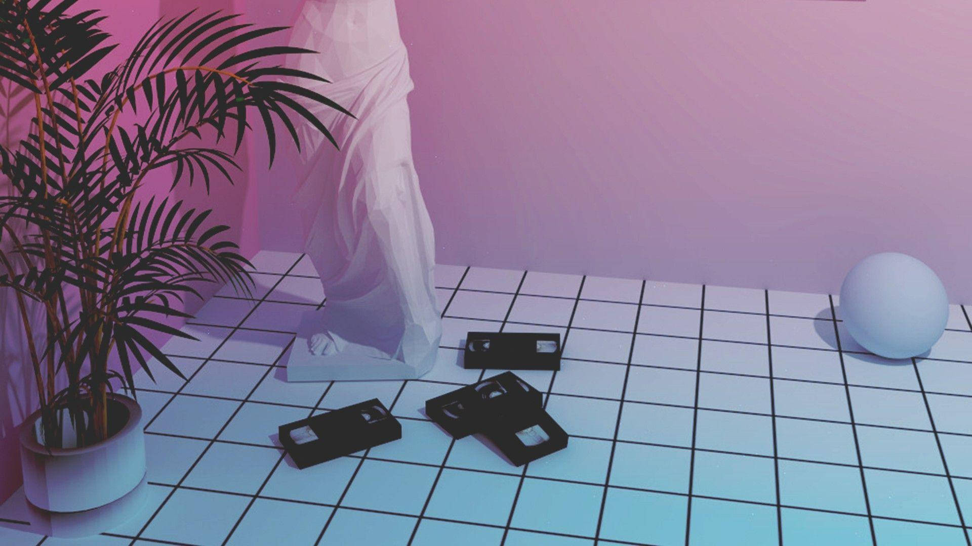 Vaporwave 桌布 壁紙 — 一個復古未來風格的房間，粉紅色牆壁和瓷磚地板，在霓虹燈光下放著盆栽植物、VHS 錄影帶和一個白色球體。