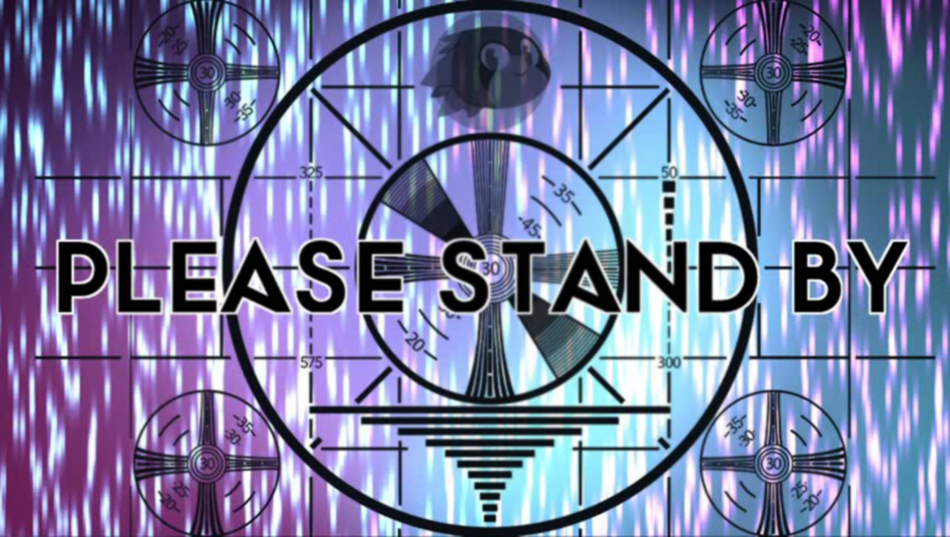 please 桌布 壁紙 — 一個復古未來風格的數位介面，帶有微笑魚圖示和「PLEASE STAND BY」文字，背景是充滿活力的紫色和藍色漸層。