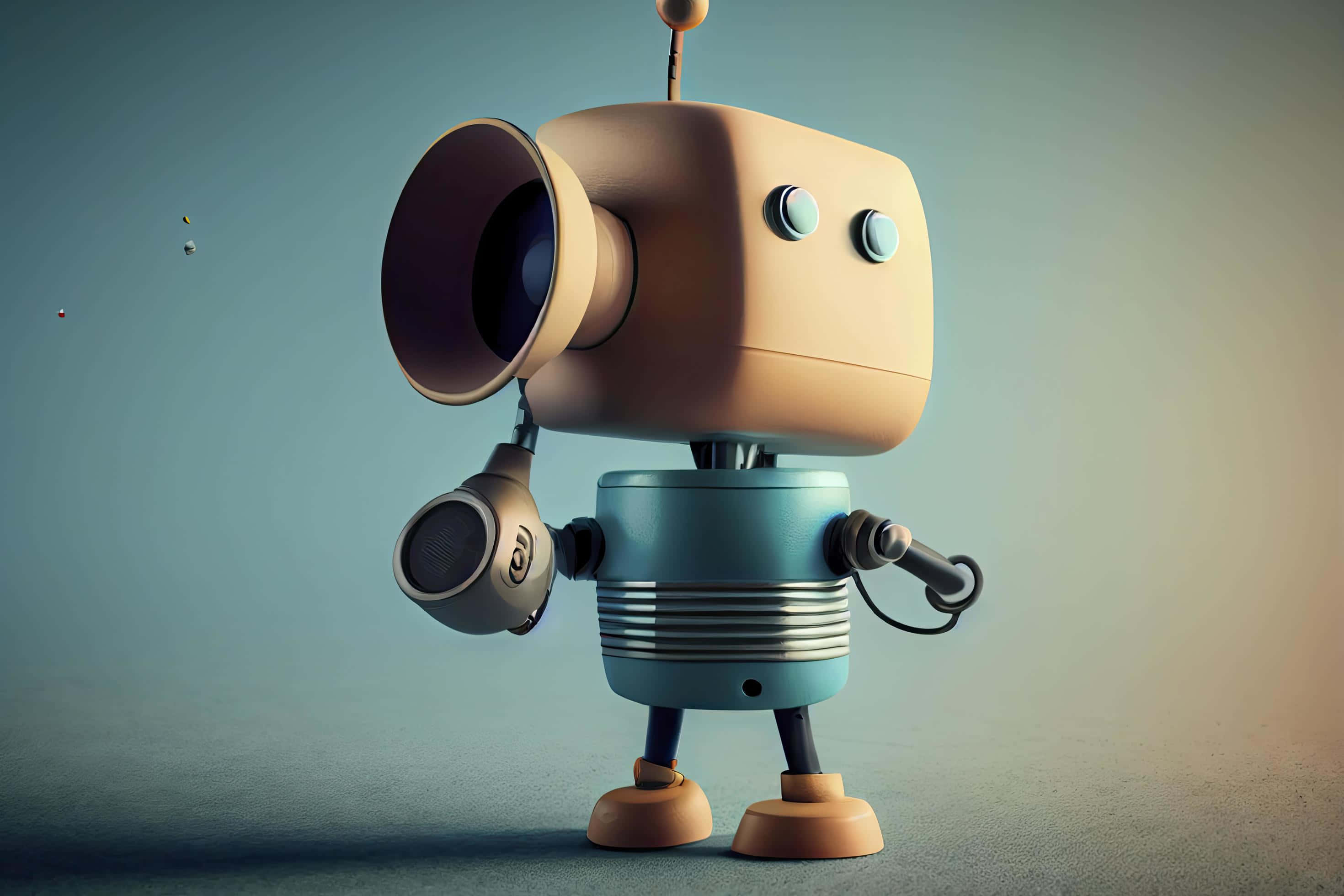 Kawaii Robot 桌布 壁紙 — 一個復古未來風格的機器人，頭部有大型角狀物，搭配復古麥克風支架，背景為柔和的漸變色。