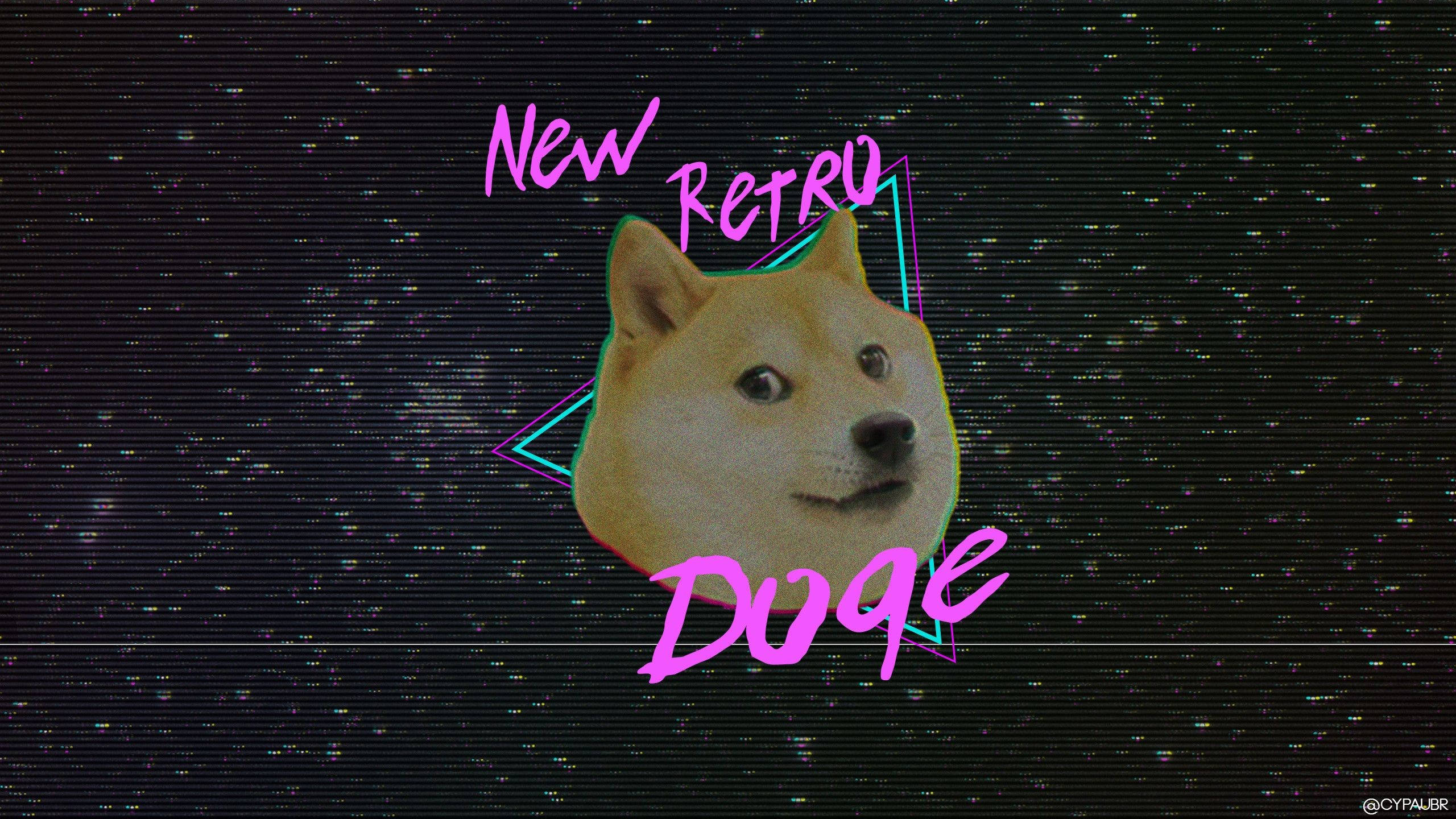 Doge 桌布 壁紙 — 一個復古未來風格的狗狗迷因，帶有霓虹文字和故障效果，背景為黑暗且充滿雜訊。