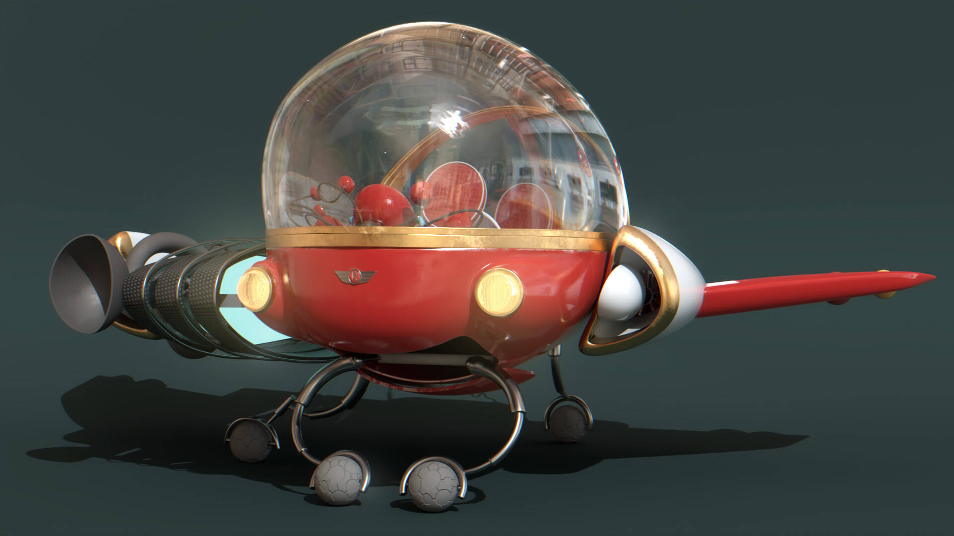 meet the robinsons 桌布 壁紙 — 一個復古未來風格的紅色飛碟，帶有玻璃圓頂和金色飾邊，停放在起落架上，背景為深色工作室。